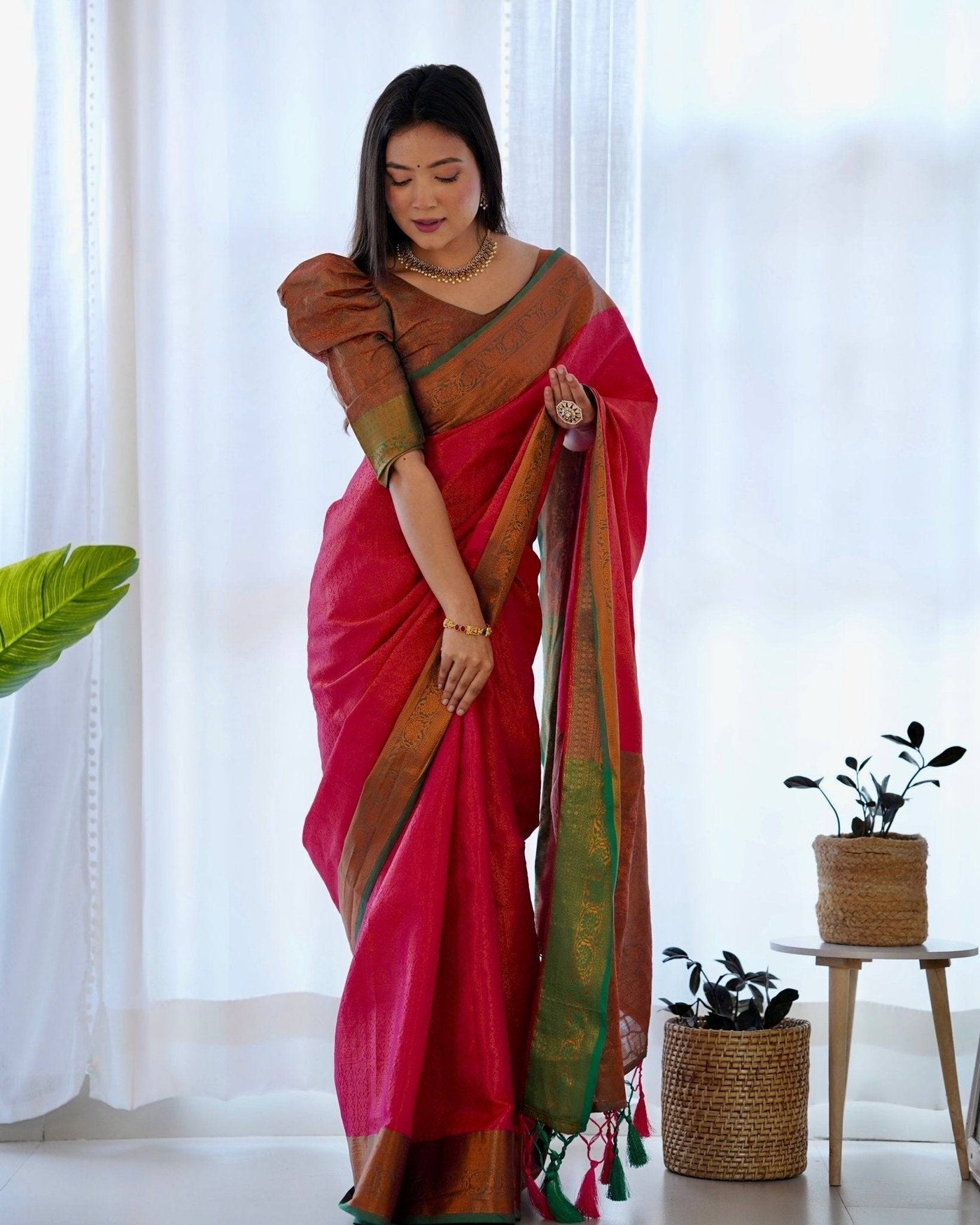 Pure Banarasi Silk Saree Weaved With Copper Zari