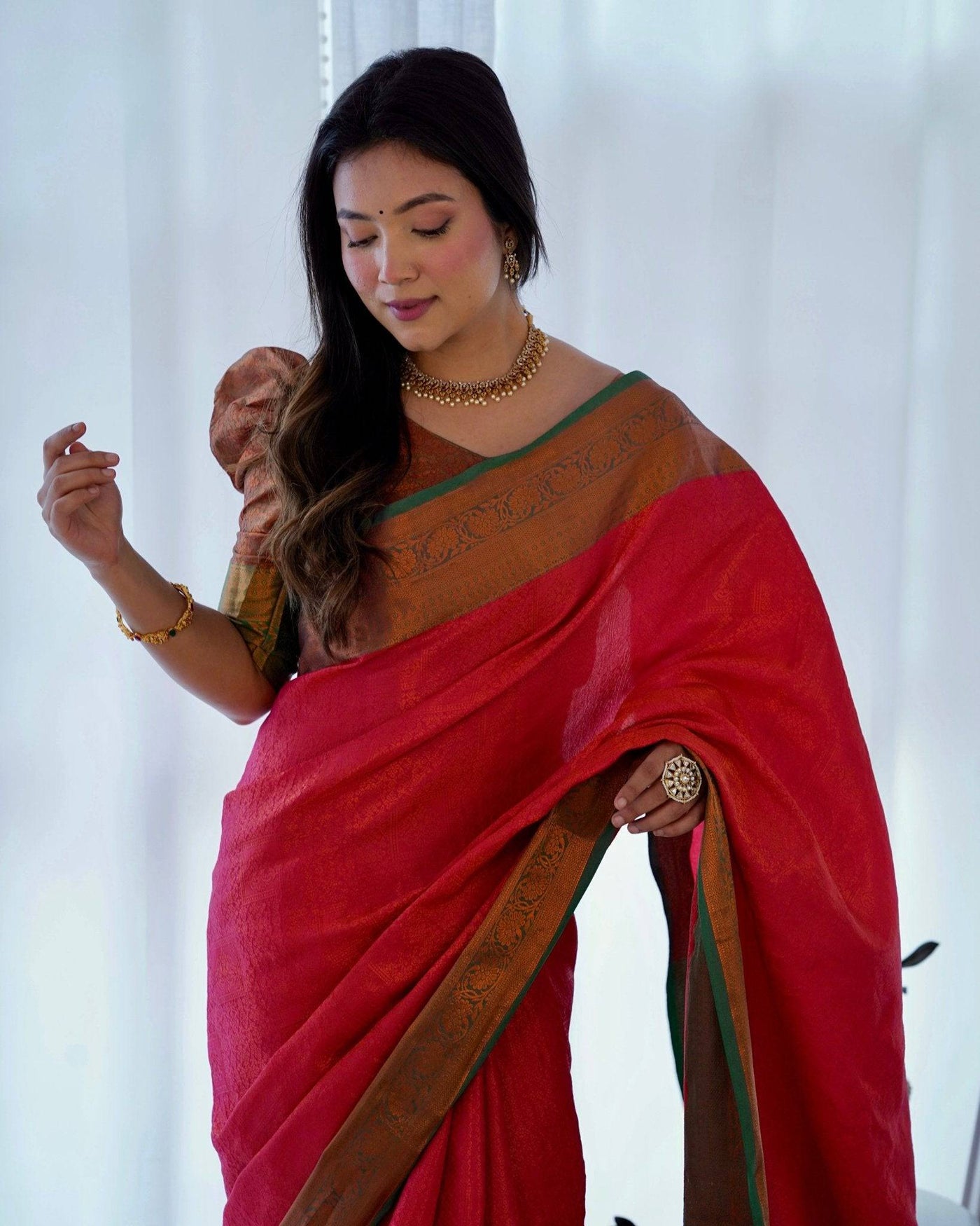 Pure Banarasi Silk Saree Weaved With Copper Zari