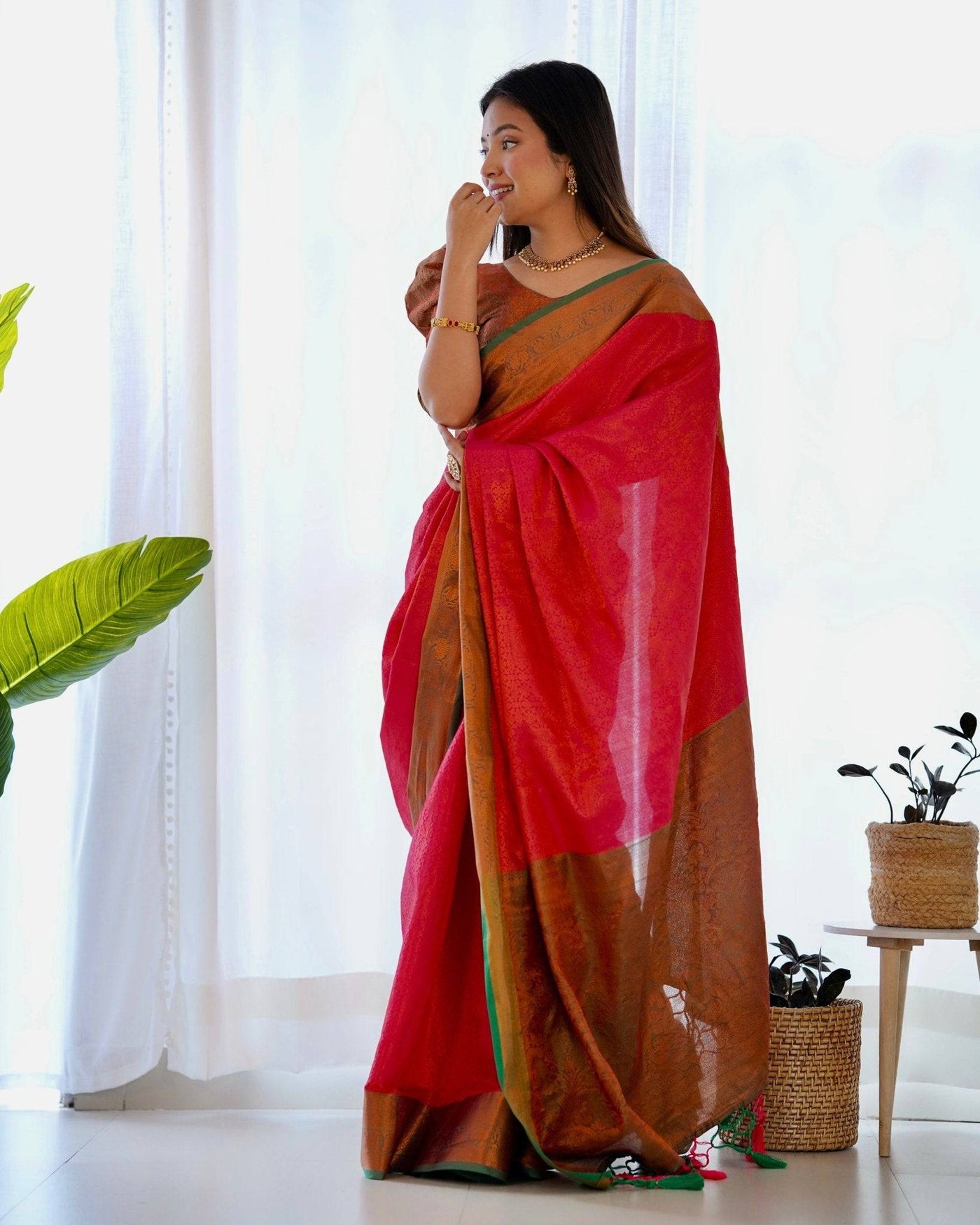 Pure Banarasi Silk Saree Weaved With Copper Zari