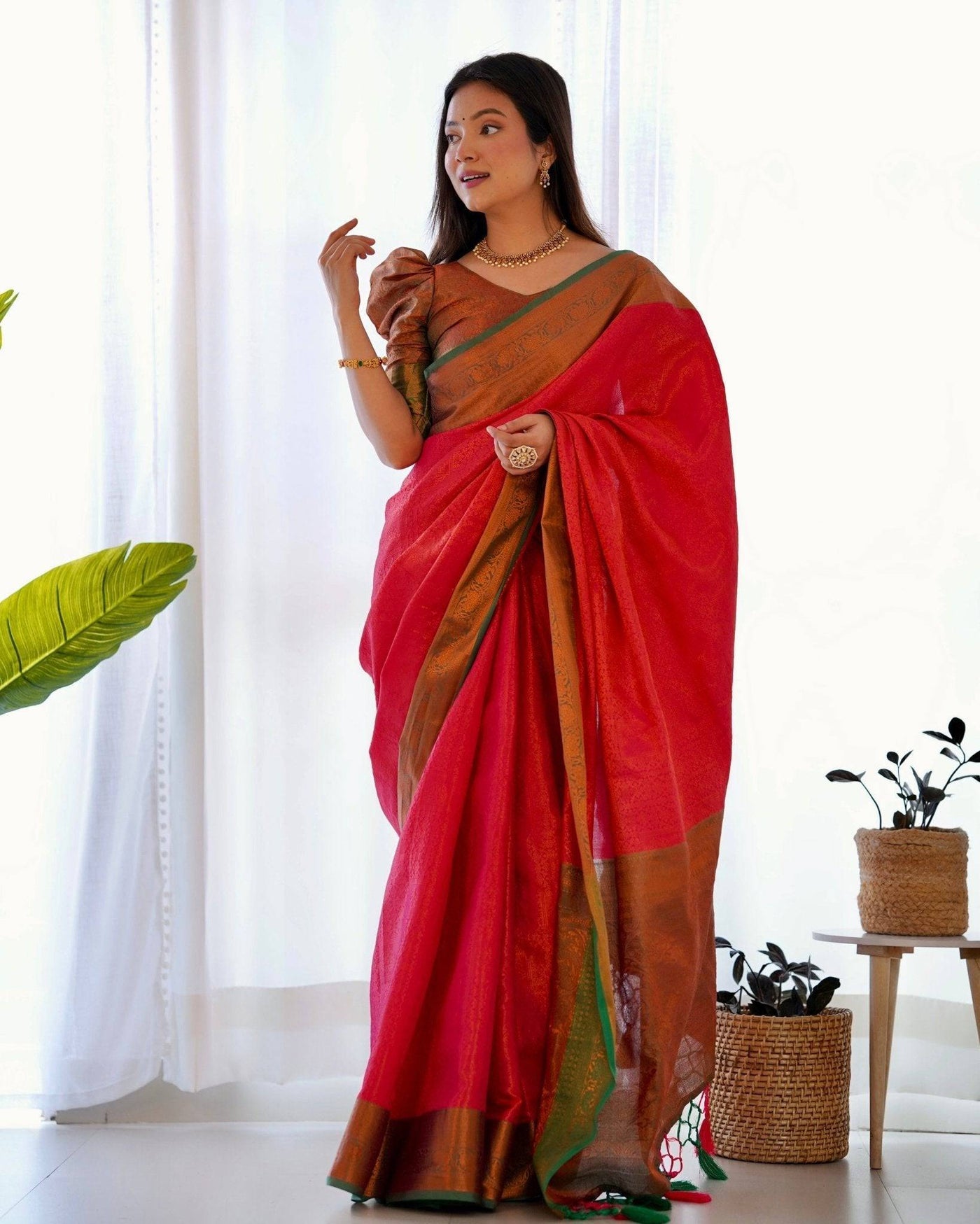 Pure Banarasi Silk Saree Weaved With Copper Zari