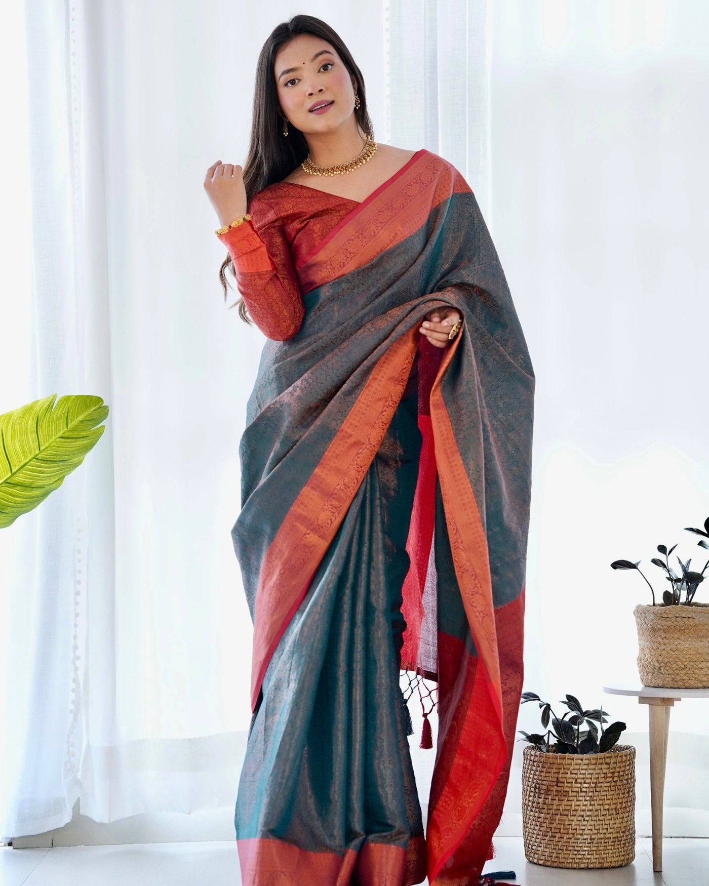 Pure Banarasi Silk Saree Weaved With Copper Zari