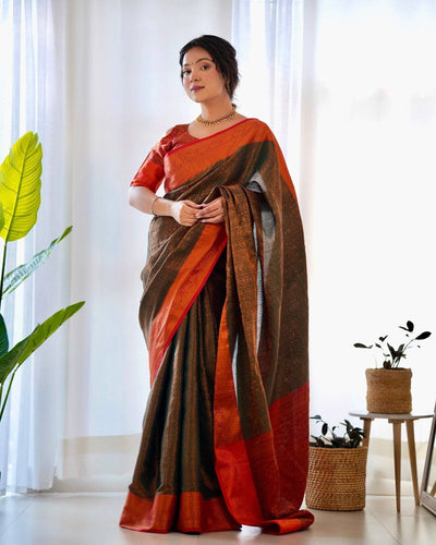 Pure Banarasi Silk Saree Weaved With Copper Zari