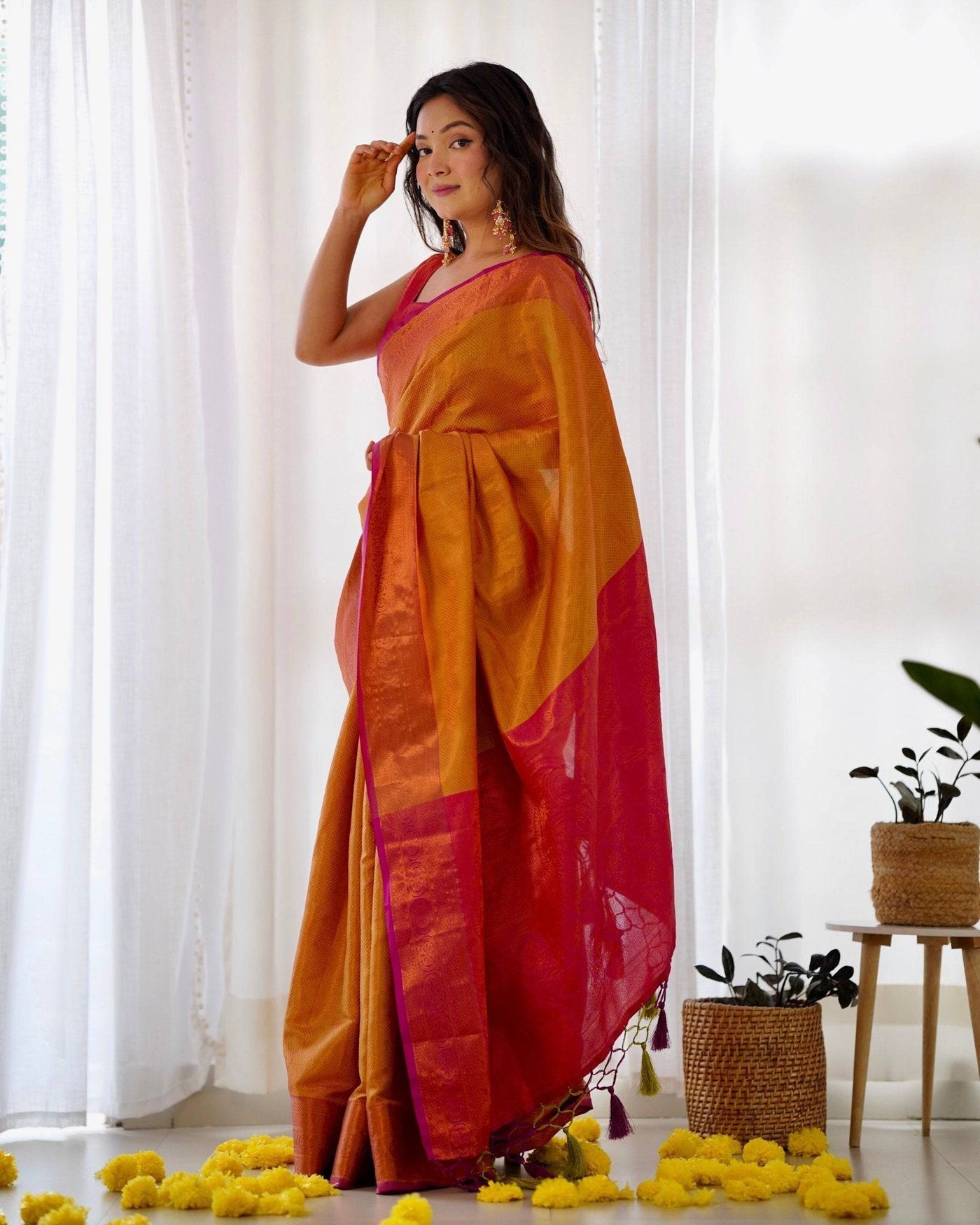 Pure Banarasi Silk Saree Weaved With Copper Zari