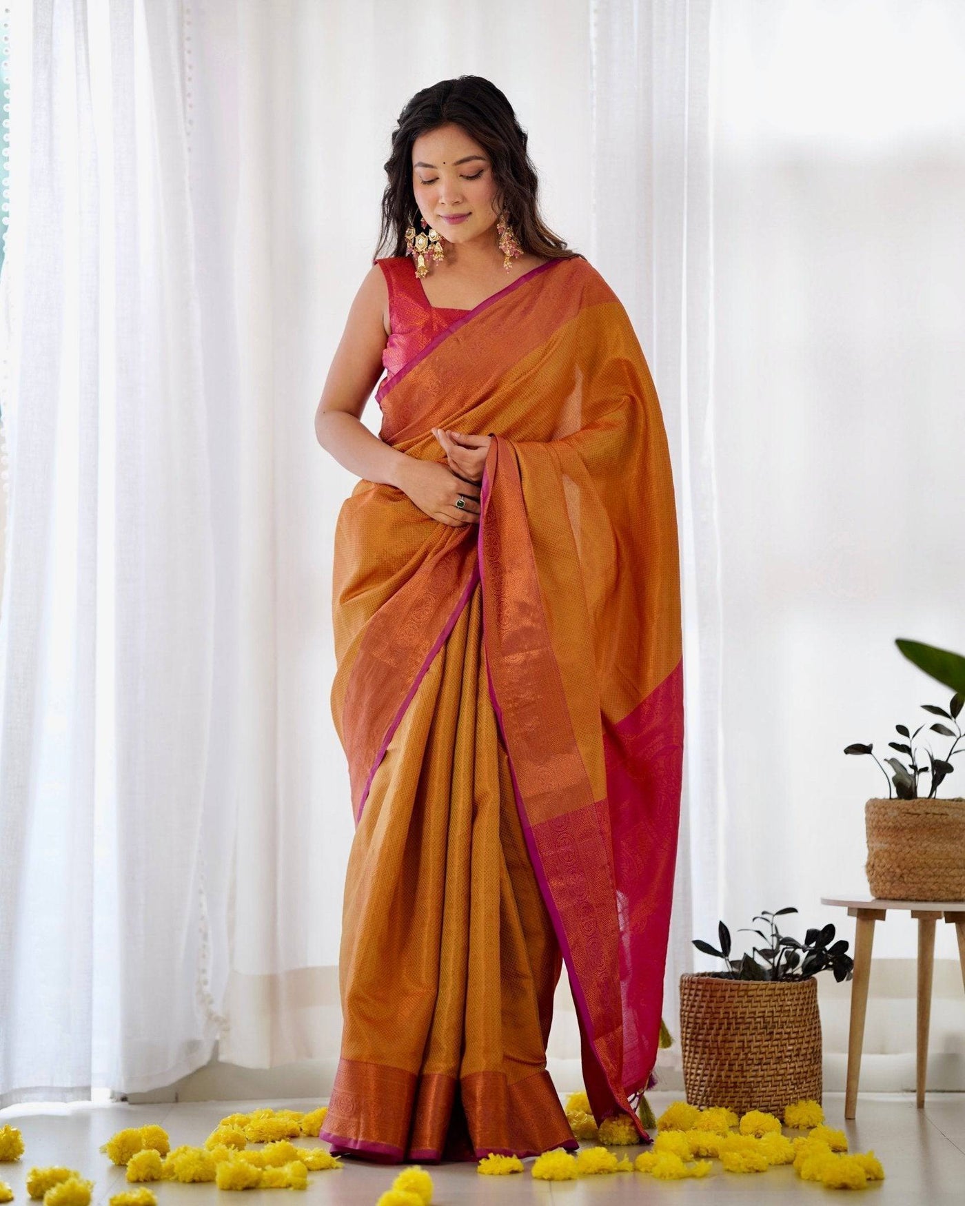 Pure Banarasi Silk Saree Weaved With Copper Zari