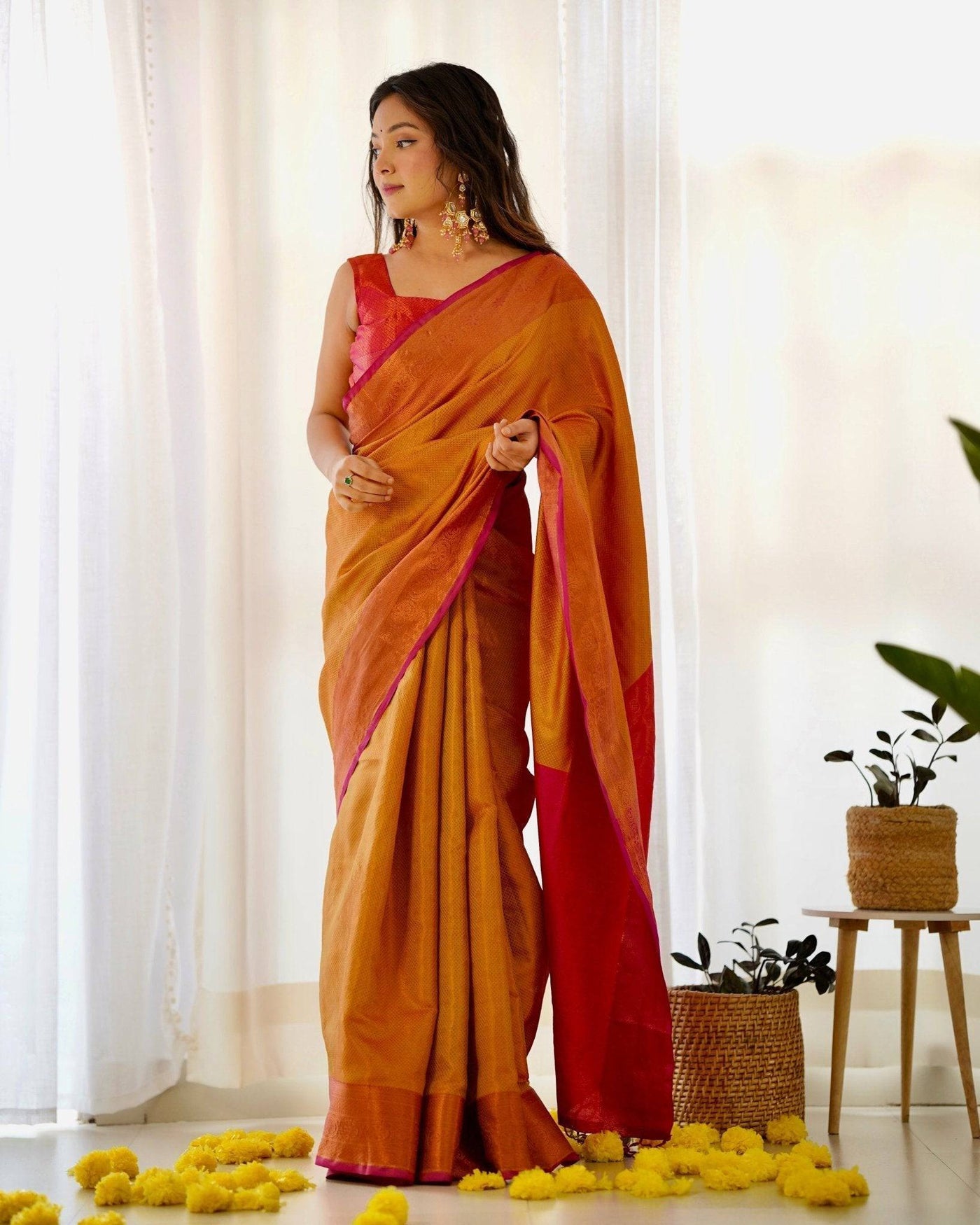 Pure Banarasi Silk Saree Weaved With Copper Zari