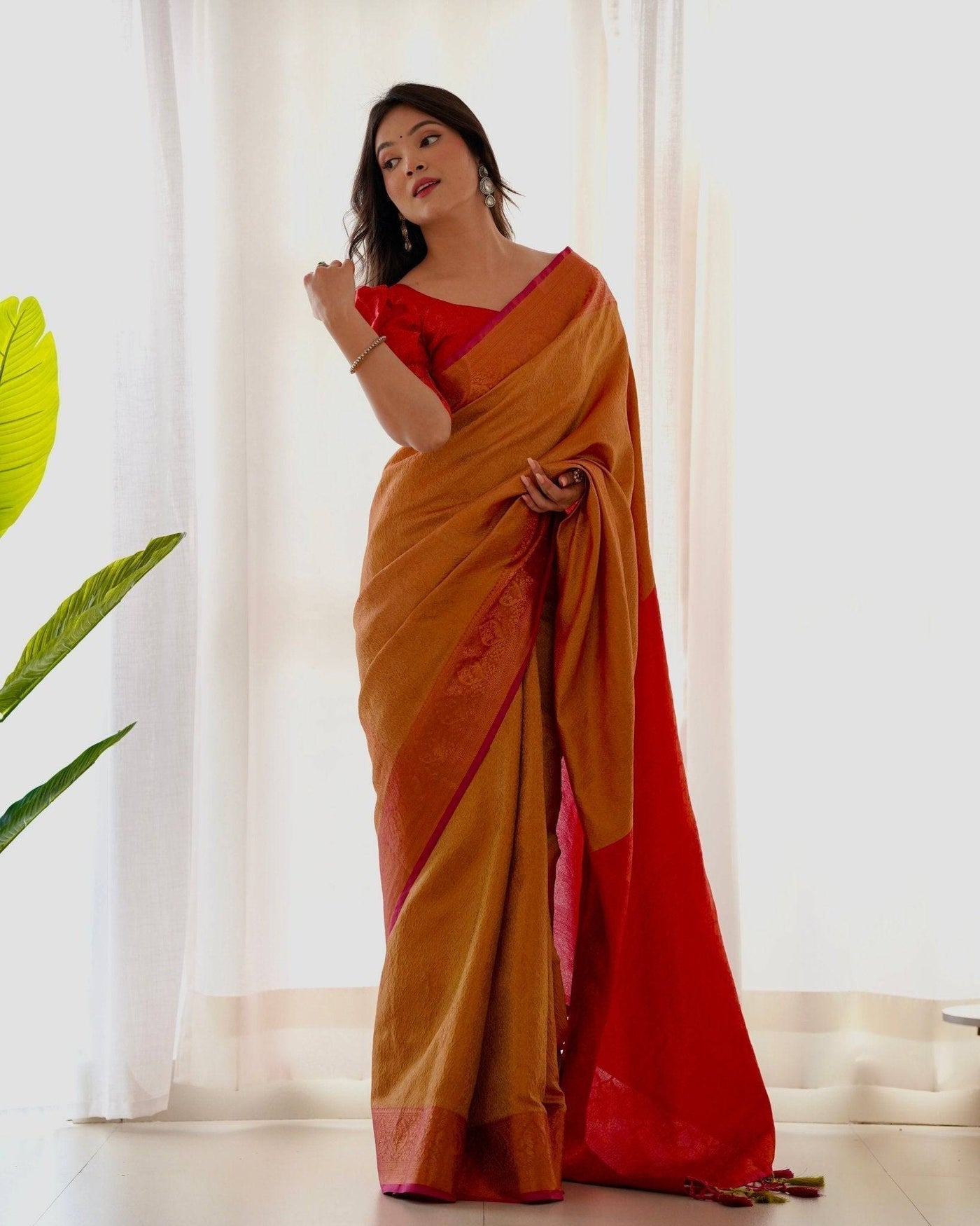 Pure Banarasi Silk Saree Weaved With Copper Zari