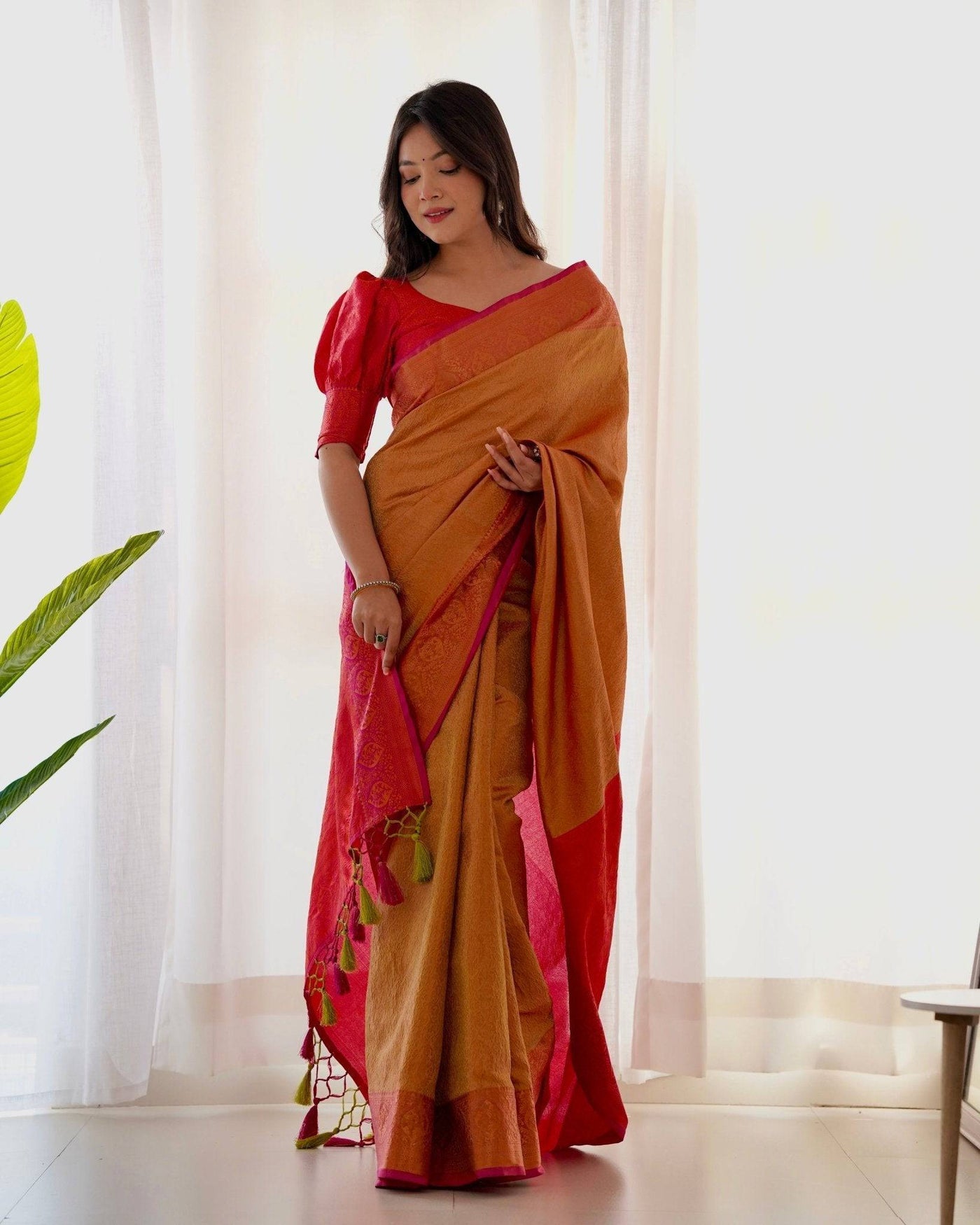 Pure Banarasi Silk Saree Weaved With Copper Zari