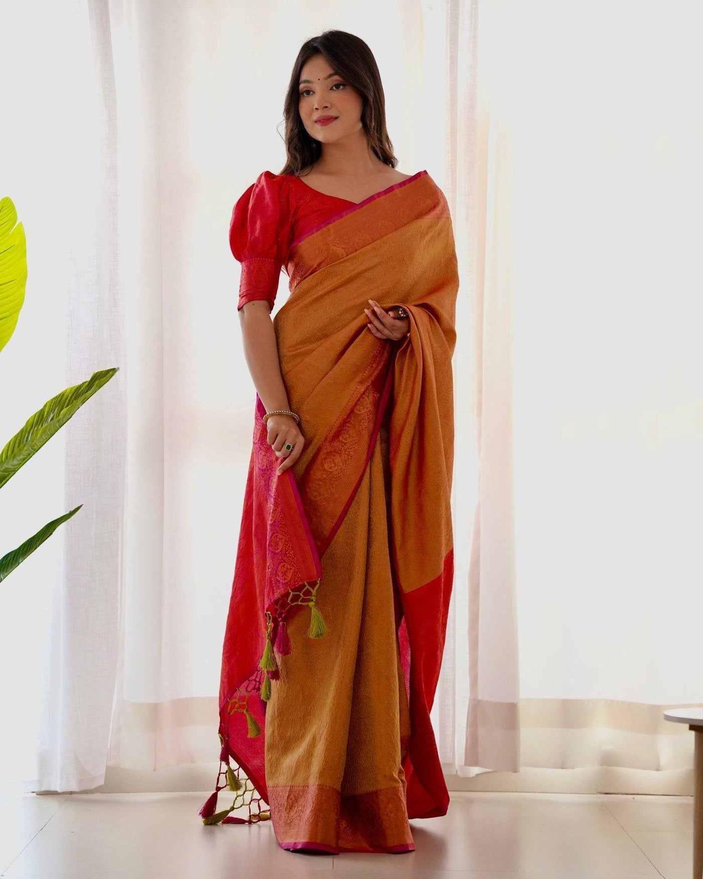 Pure Banarasi Silk Saree Weaved With Copper Zari