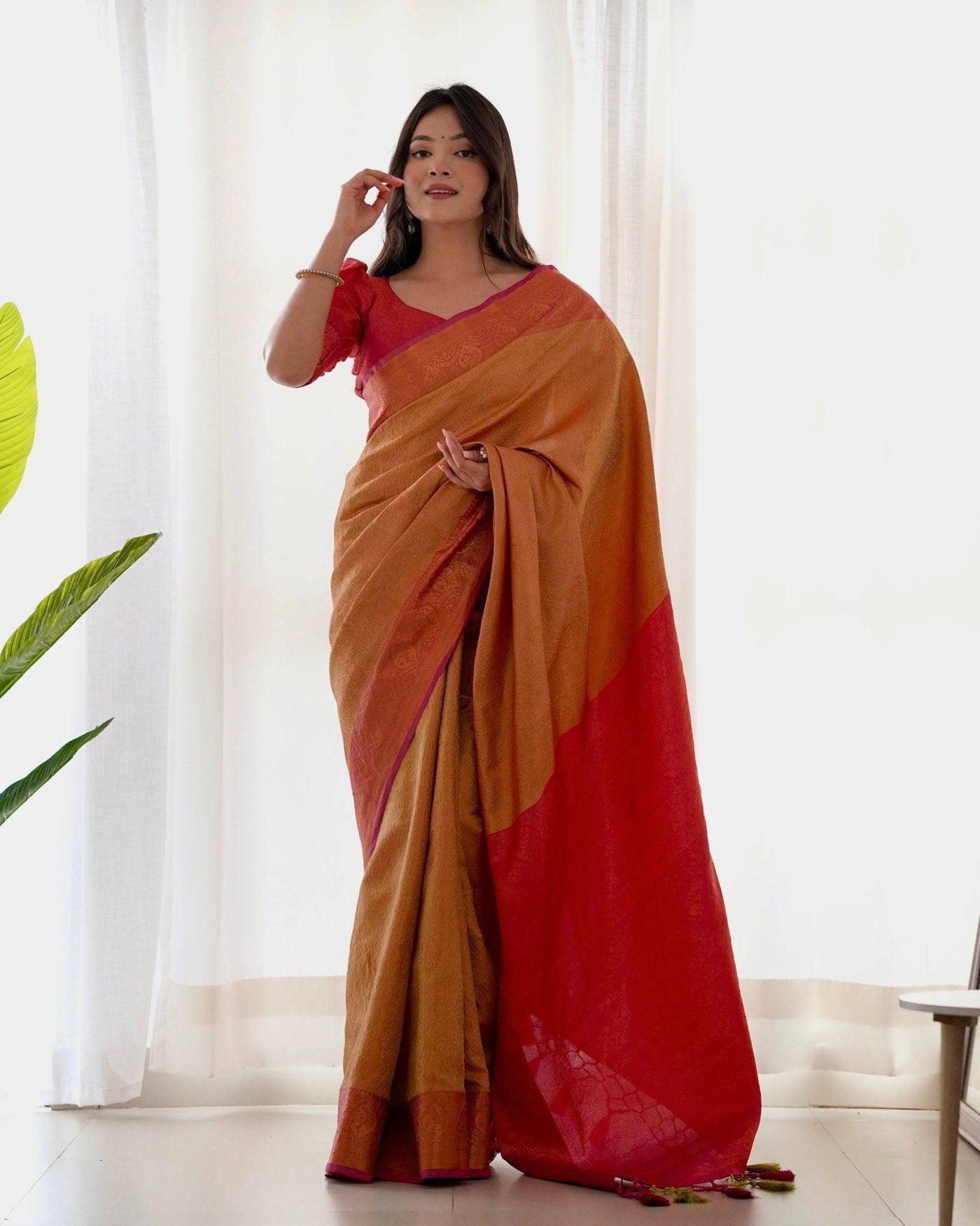 Pure Banarasi Silk Saree Weaved With Copper Zari