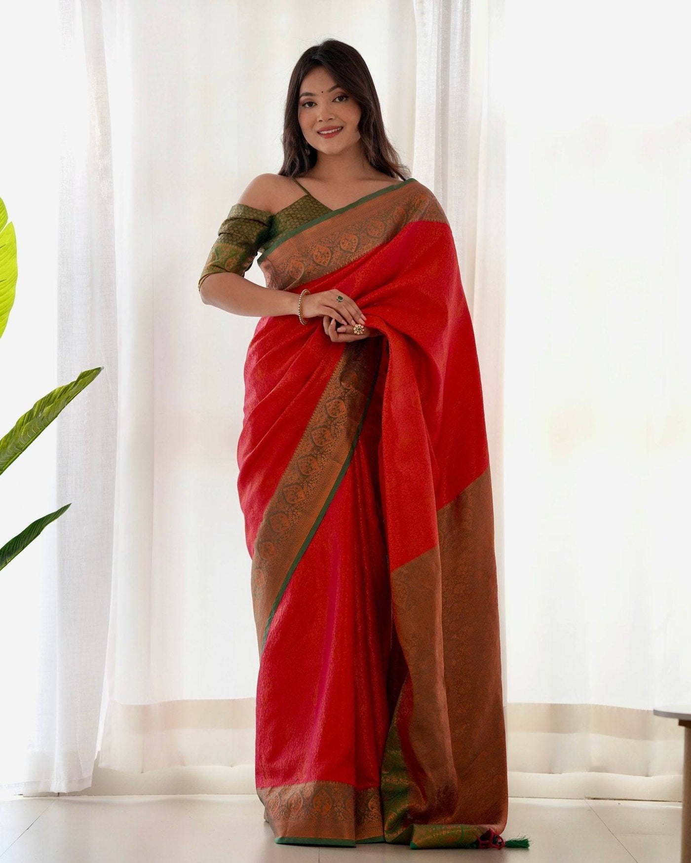 Pure Banarasi Silk Saree Weaved With Copper Zari