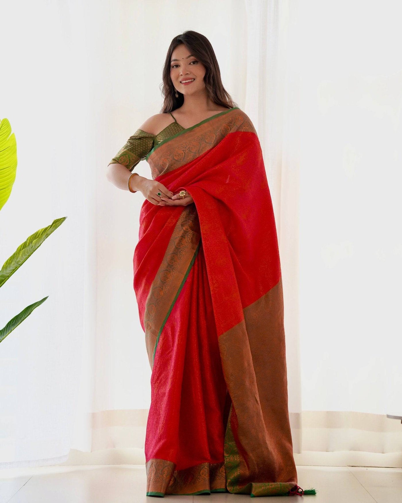 Pure Banarasi Silk Saree Weaved With Copper Zari