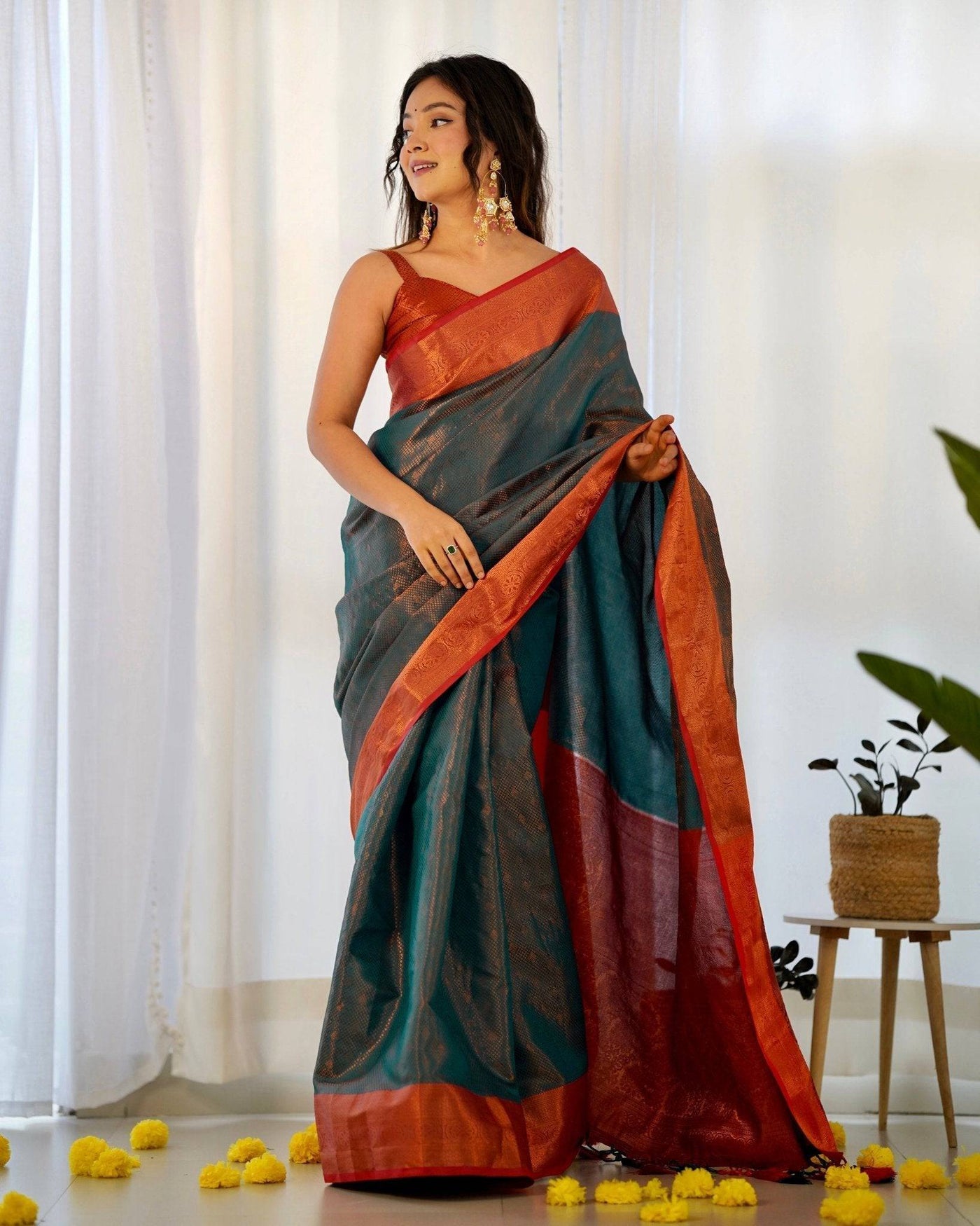 Pure Banarasi Silk Saree Weaved With Copper Zari