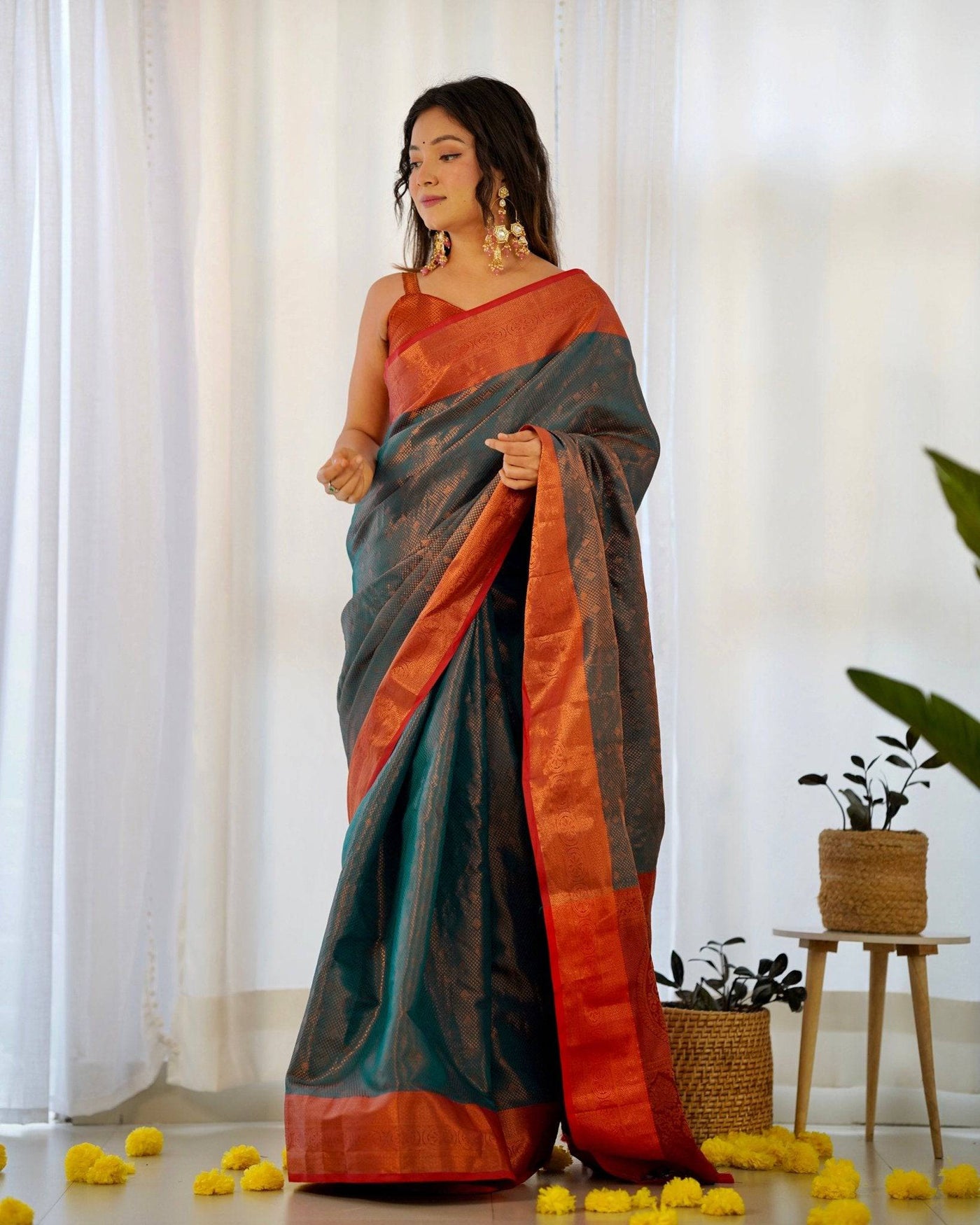 Pure Banarasi Silk Saree Weaved With Copper Zari