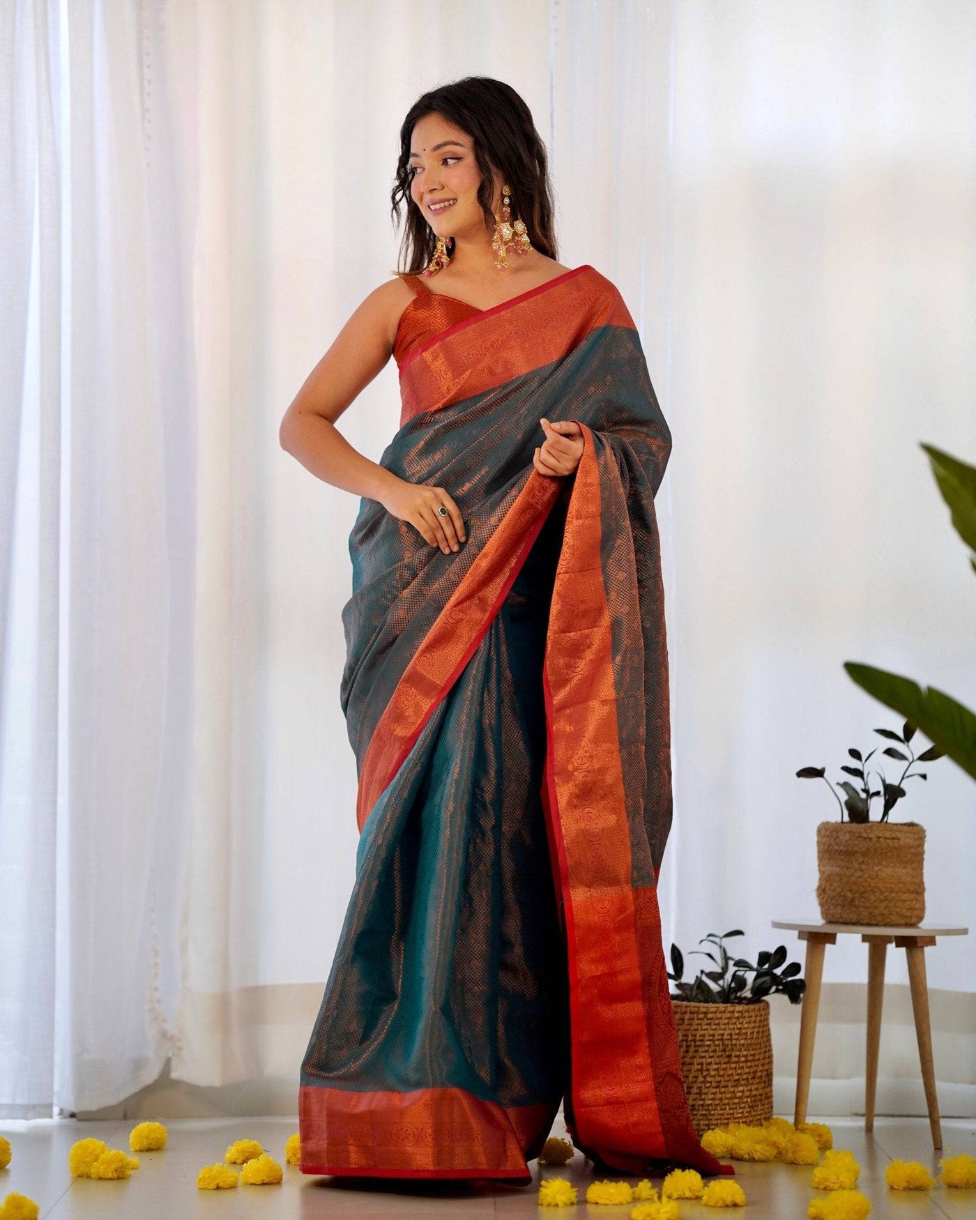 Pure Banarasi Silk Saree Weaved With Copper Zari