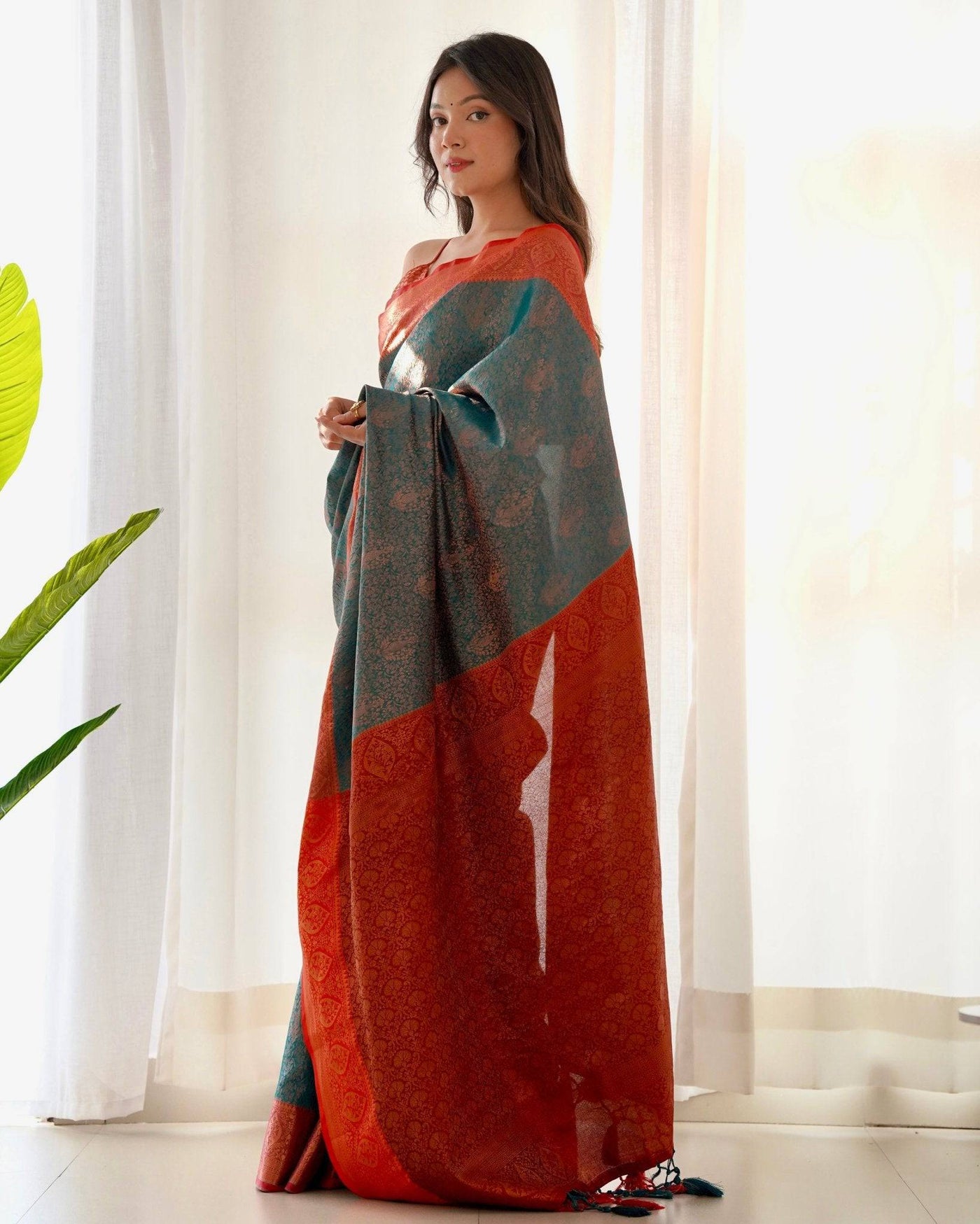 Pure Banarasi Silk Saree Weaved With Copper Zari