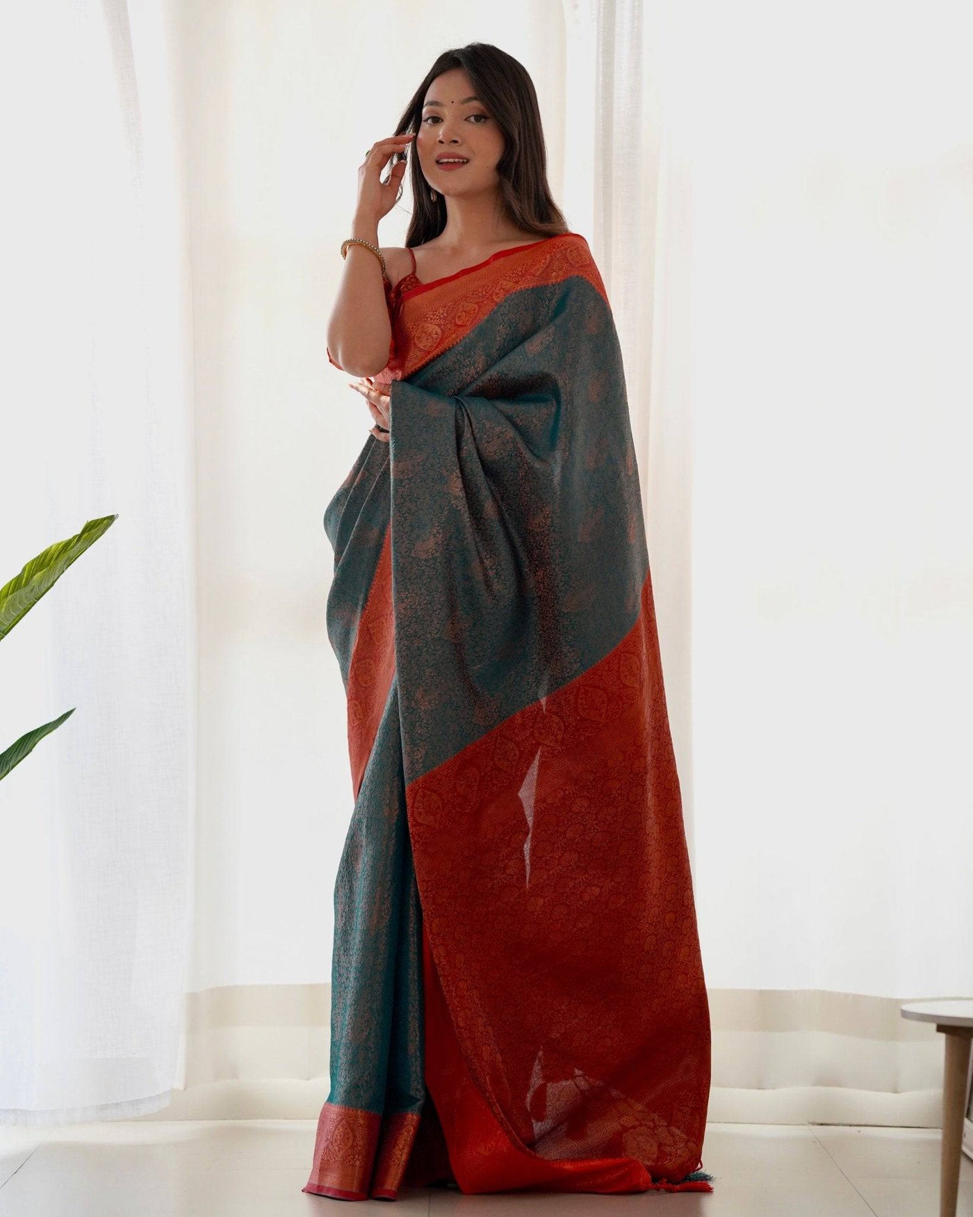 Pure Banarasi Silk Saree Weaved With Copper Zari