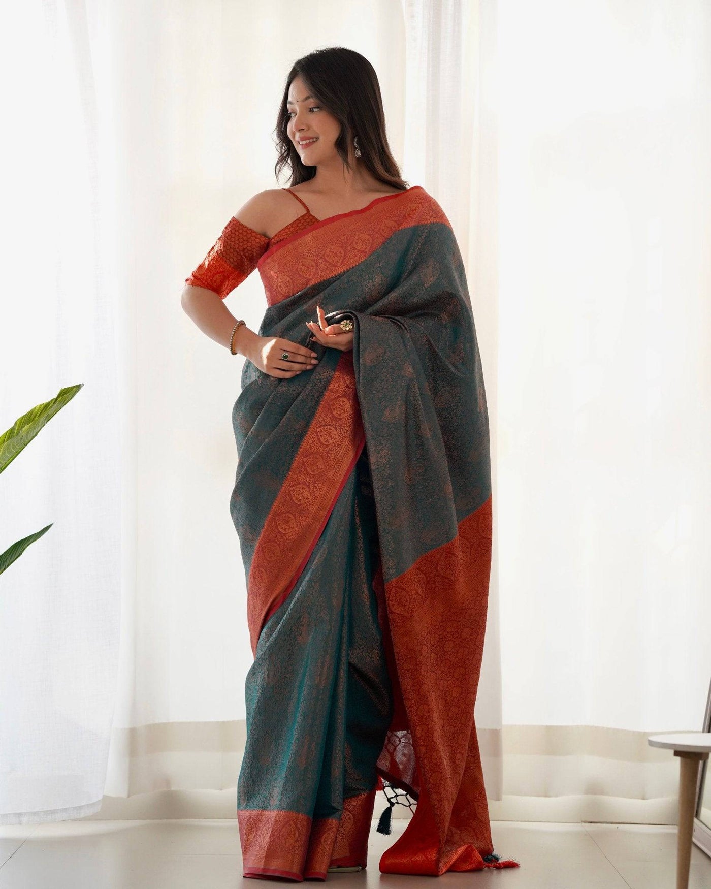 Pure Banarasi Silk Saree Weaved With Copper Zari