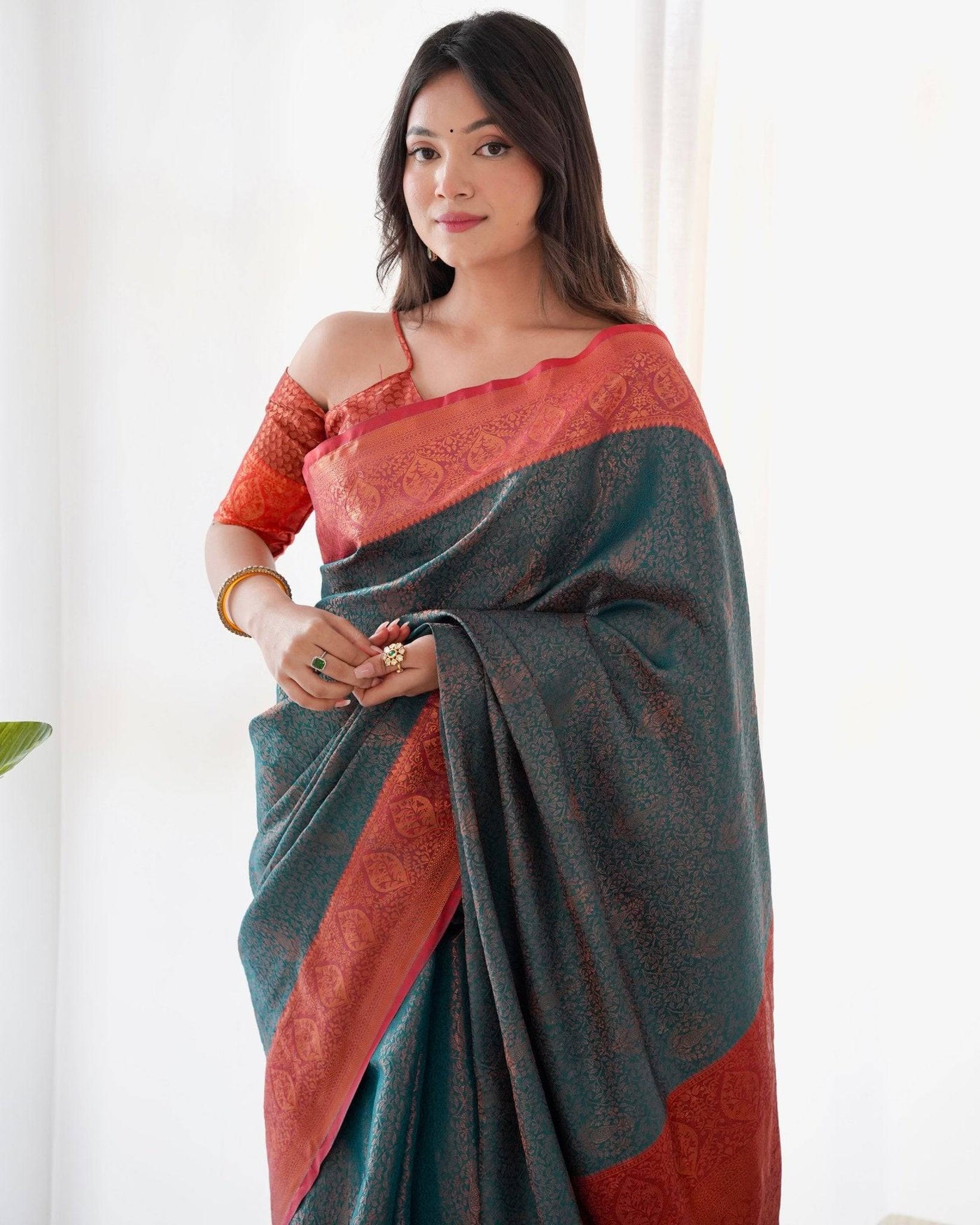 Pure Banarasi Silk Saree Weaved With Copper Zari