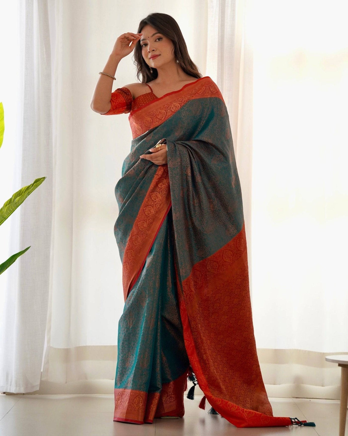 Pure Banarasi Silk Saree Weaved With Copper Zari