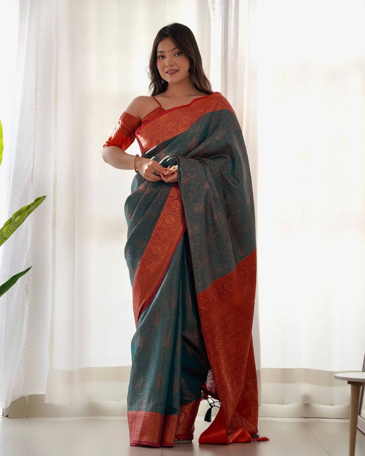 Pure Banarasi Silk Saree Weaved With Copper Zari