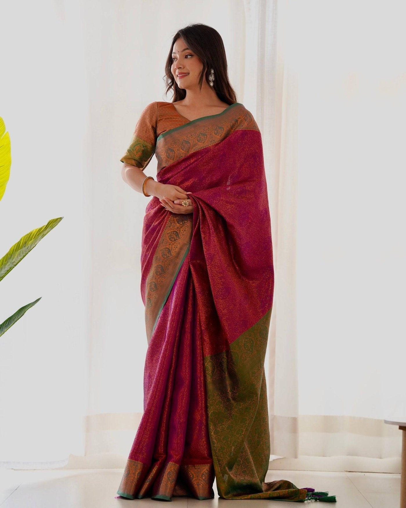 Pure Banarasi Silk Saree Weaved With Copper Zari