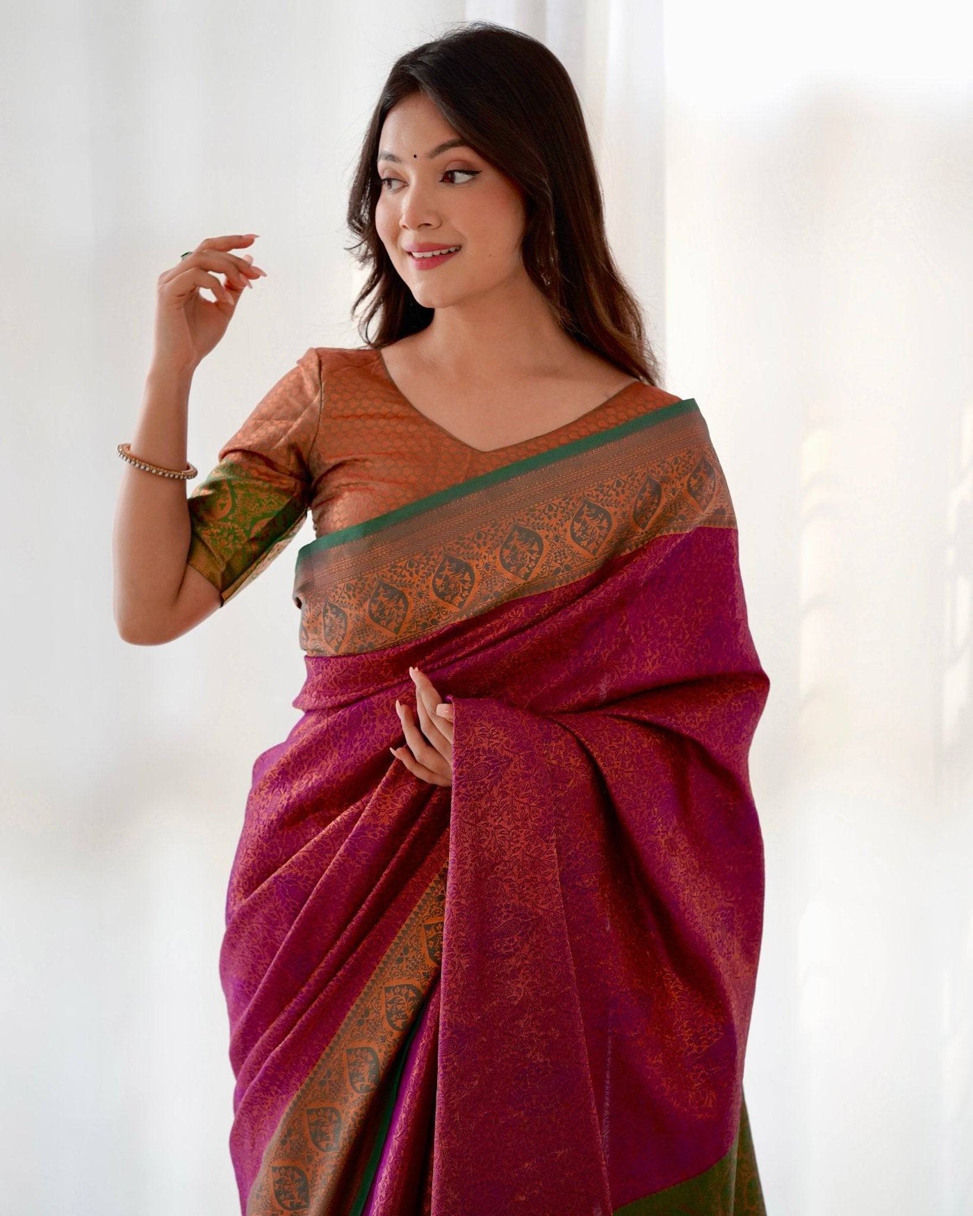 Pure Banarasi Silk Saree Weaved With Copper Zari