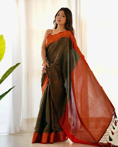 Pure Banarasi Silk Saree Weaved With Copper Zari