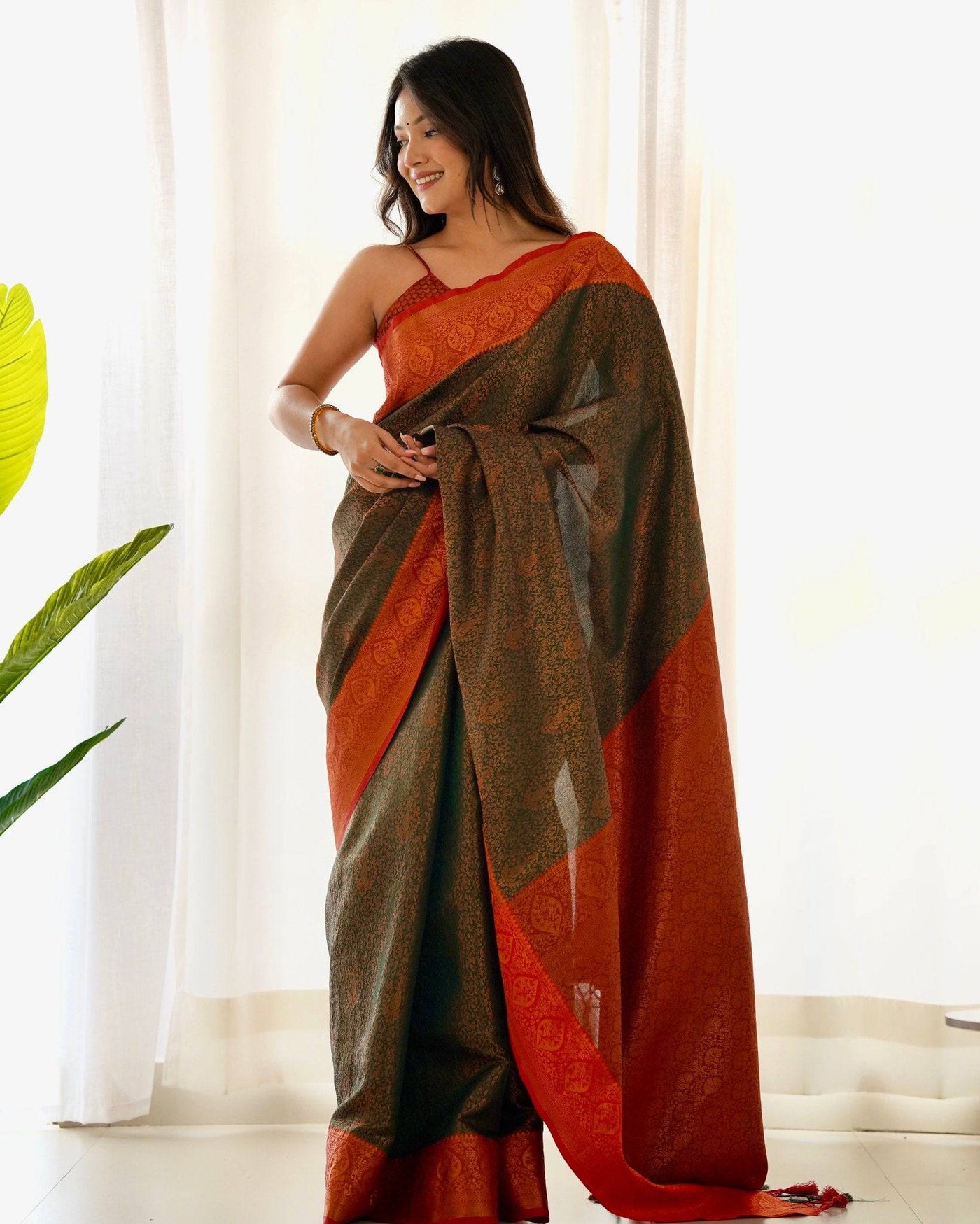 Pure Banarasi Silk Saree Weaved With Copper Zari