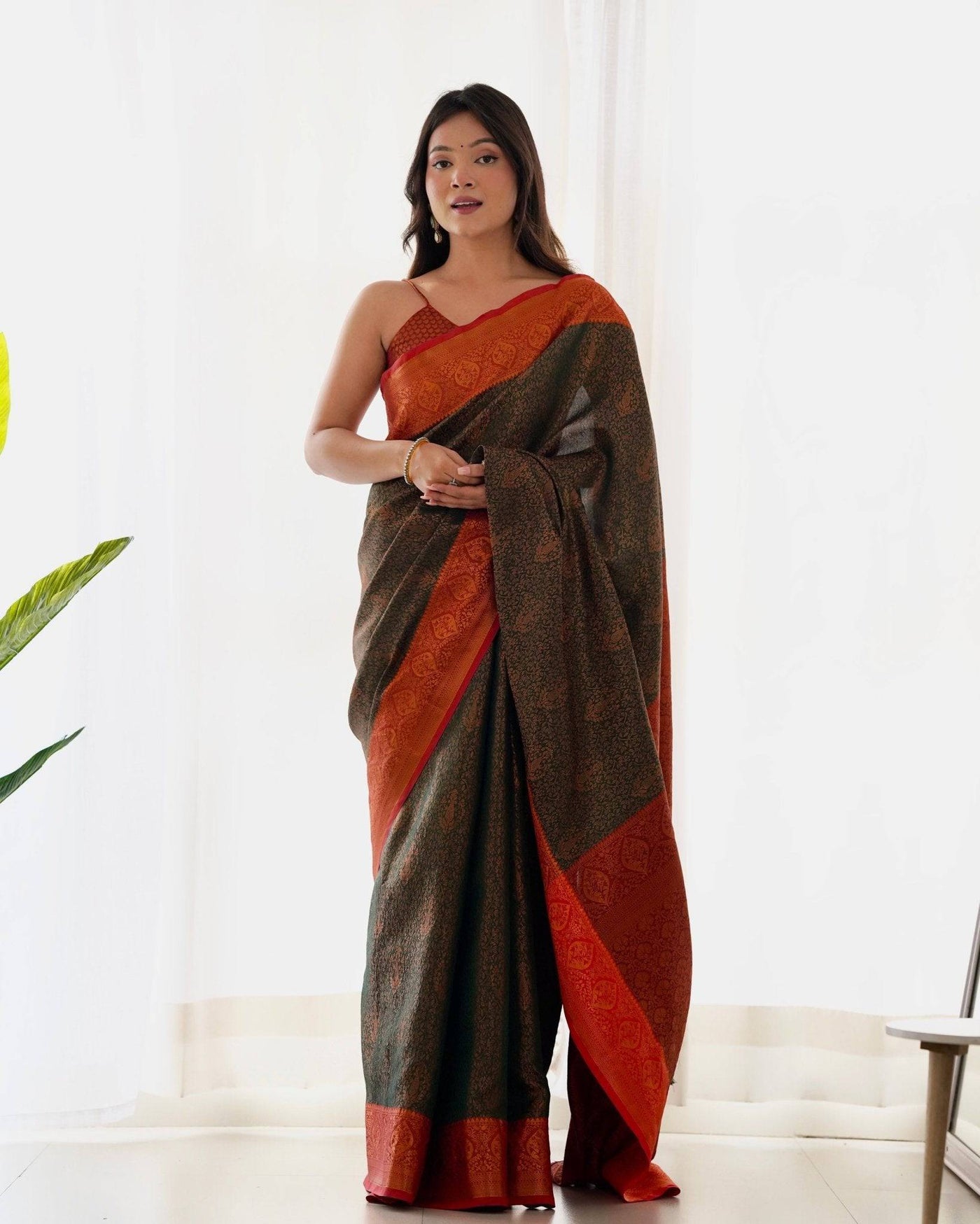 Pure Banarasi Silk Saree Weaved With Copper Zari