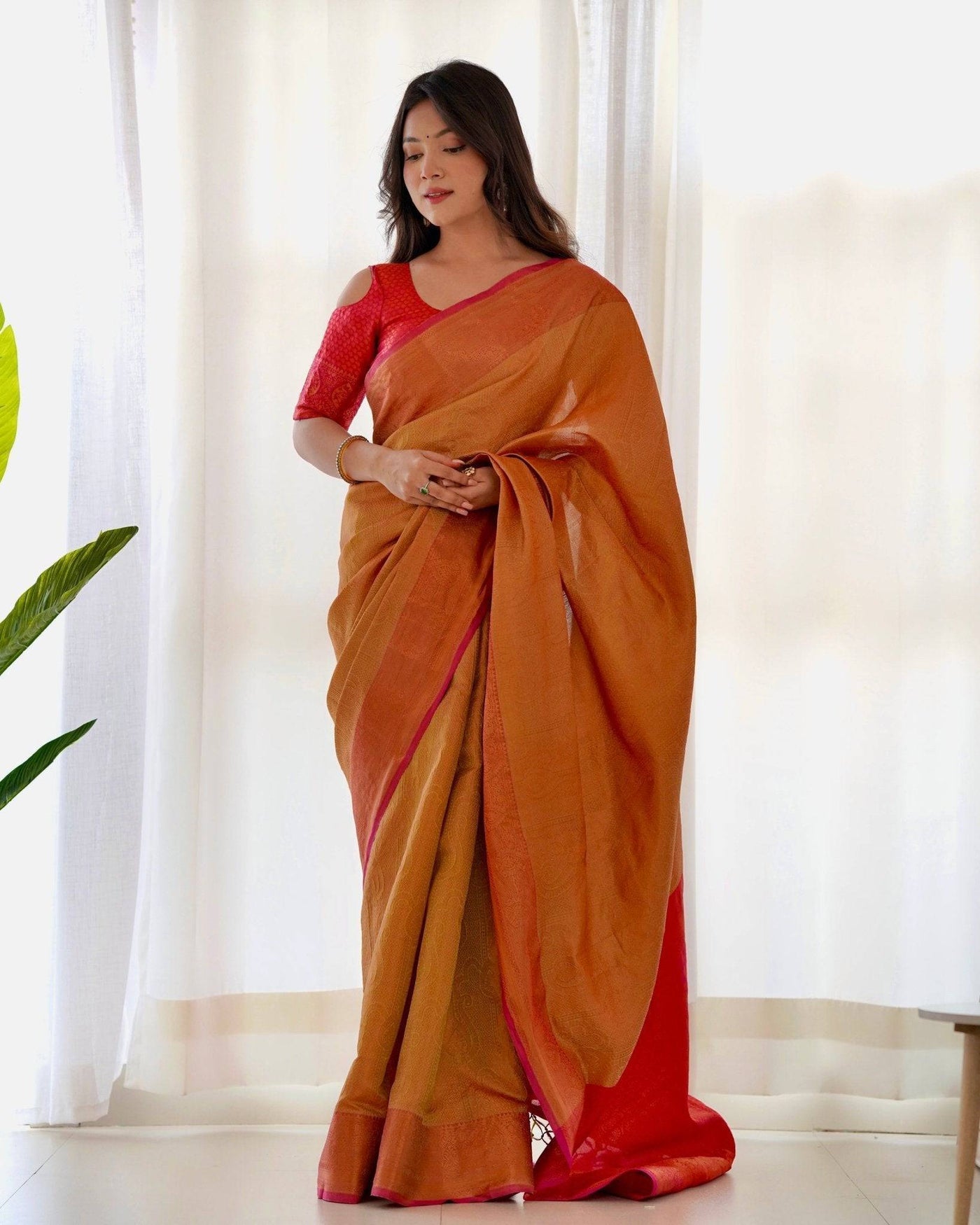 Pure Banarasi Silk Saree Weaved With Copper Zari