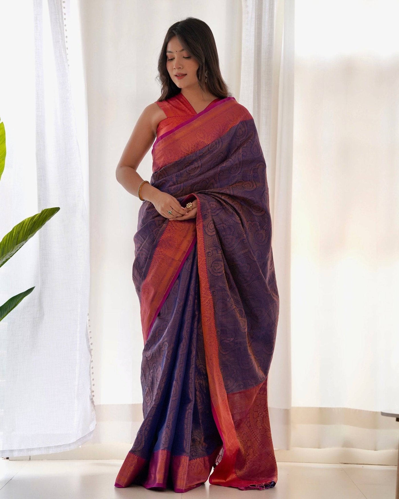 Pure Banarasi Silk Saree Weaved With Copper Zari