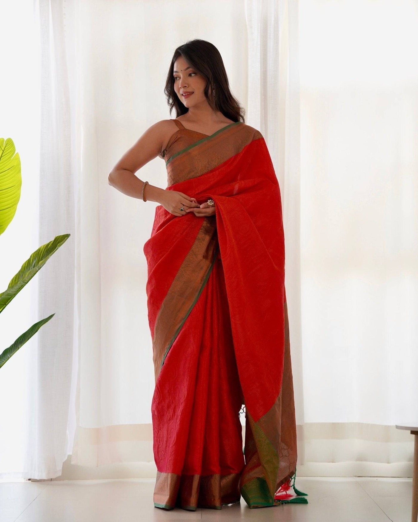 Pure Banarasi Silk Saree Weaved With Copper Zari