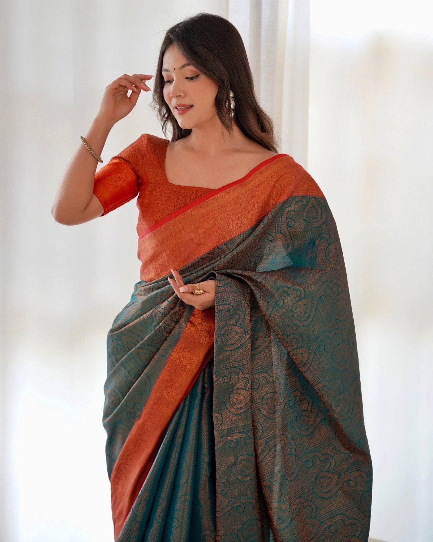 Pure Banarasi Silk Saree Weaved With Copper Zari