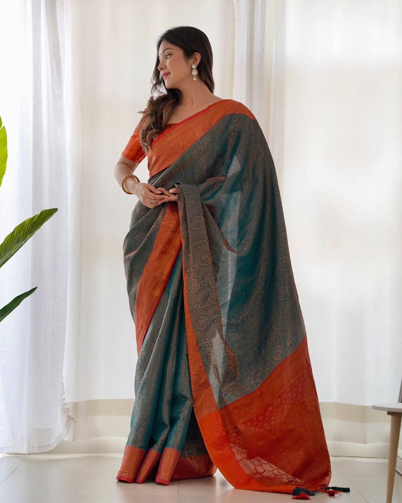 Pure Banarasi Silk Saree Weaved With Copper Zari