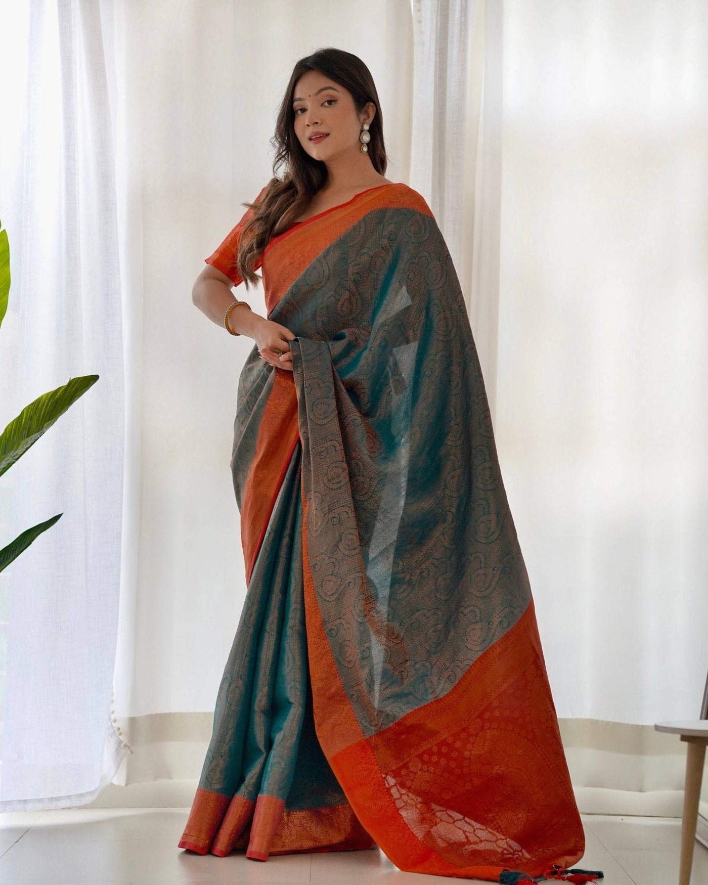 Pure Banarasi Silk Saree Weaved With Copper Zari