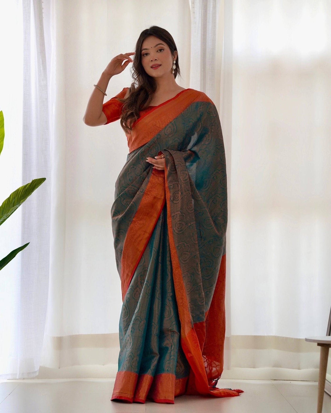 Pure Banarasi Silk Saree Weaved With Copper Zari