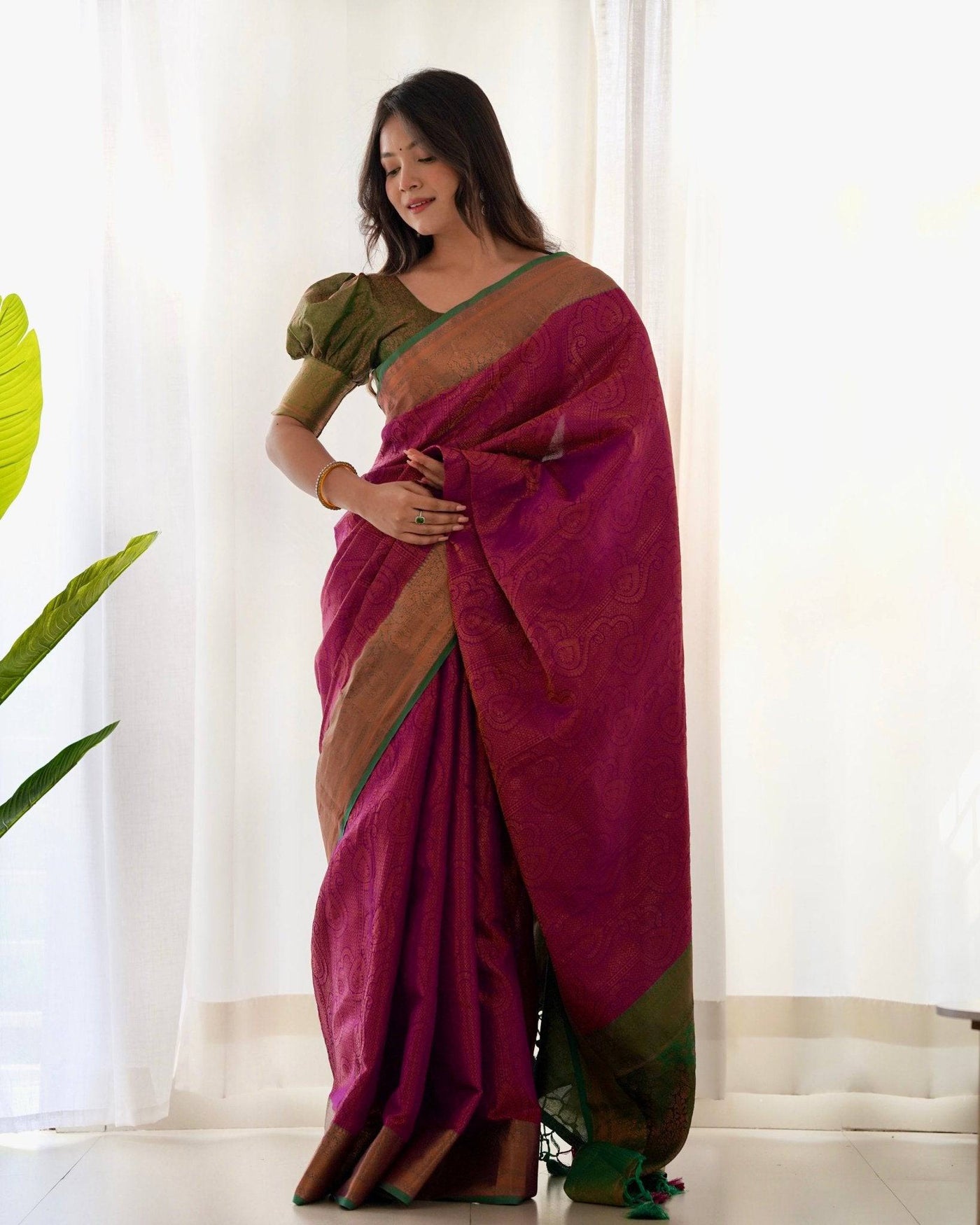 Pure Banarasi Silk Saree Weaved With Copper Zari