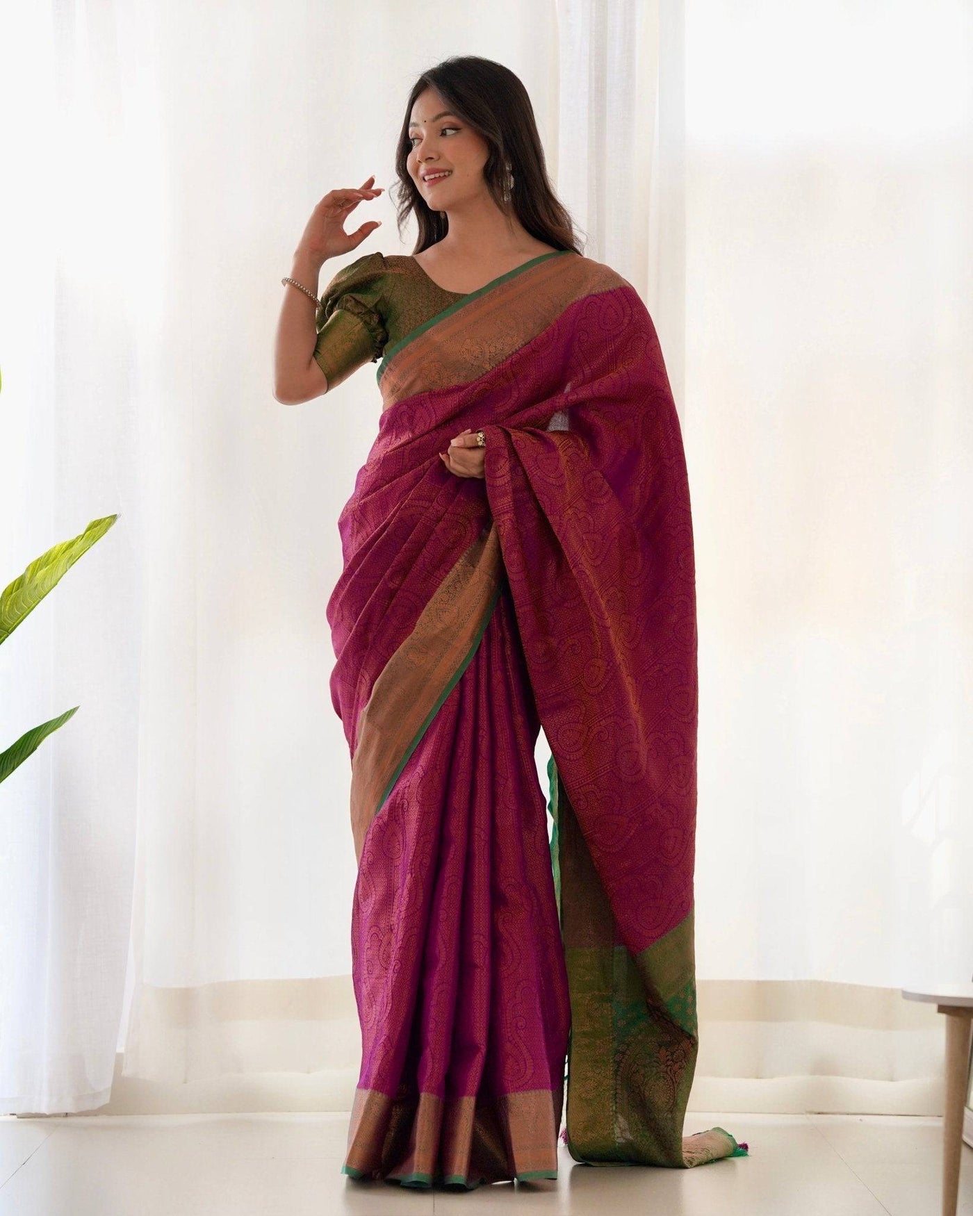 Pure Banarasi Silk Saree Weaved With Copper Zari