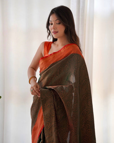 Pure Banarasi Silk Saree Weaved With Copper Zari