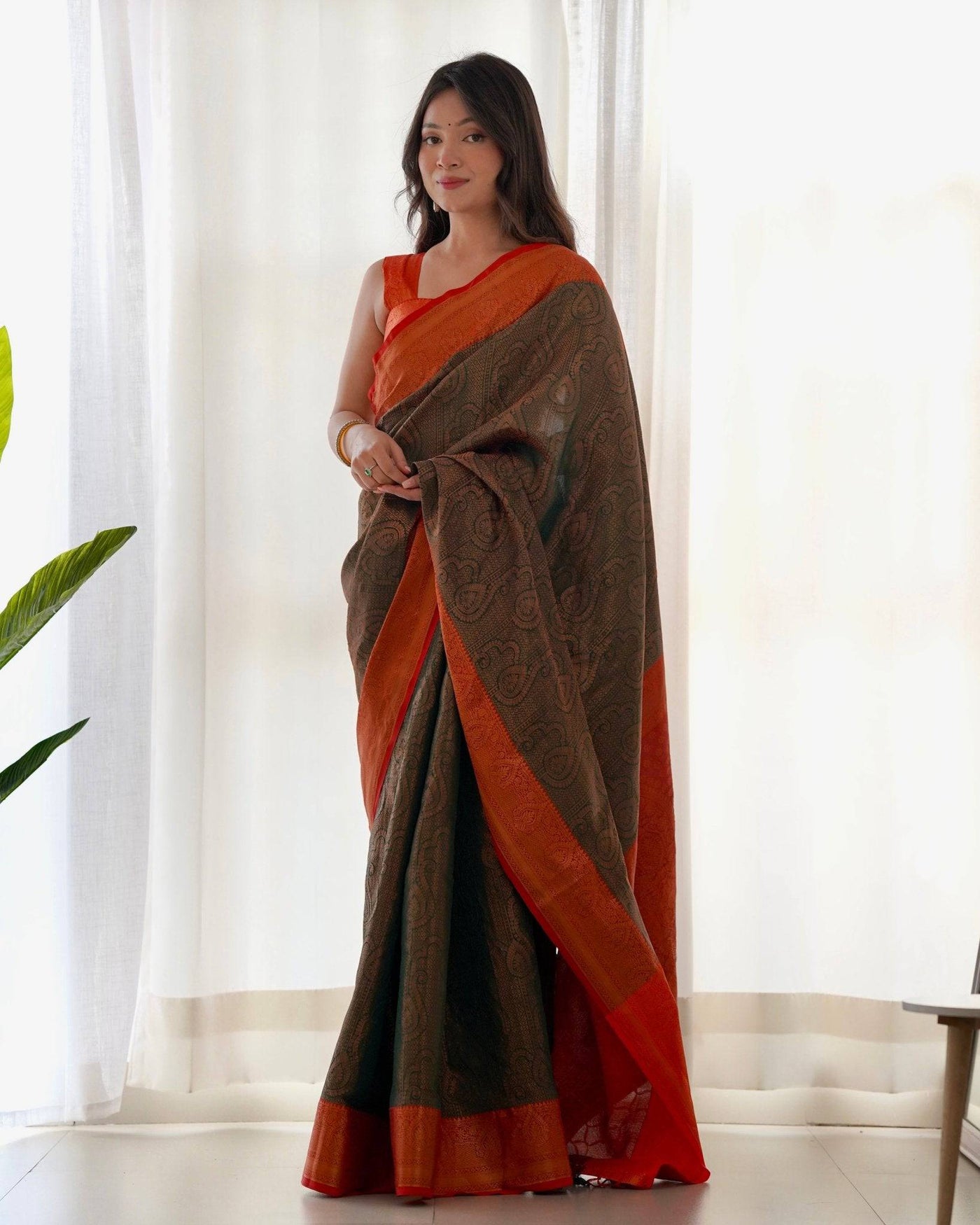 Pure Banarasi Silk Saree Weaved With Copper Zari