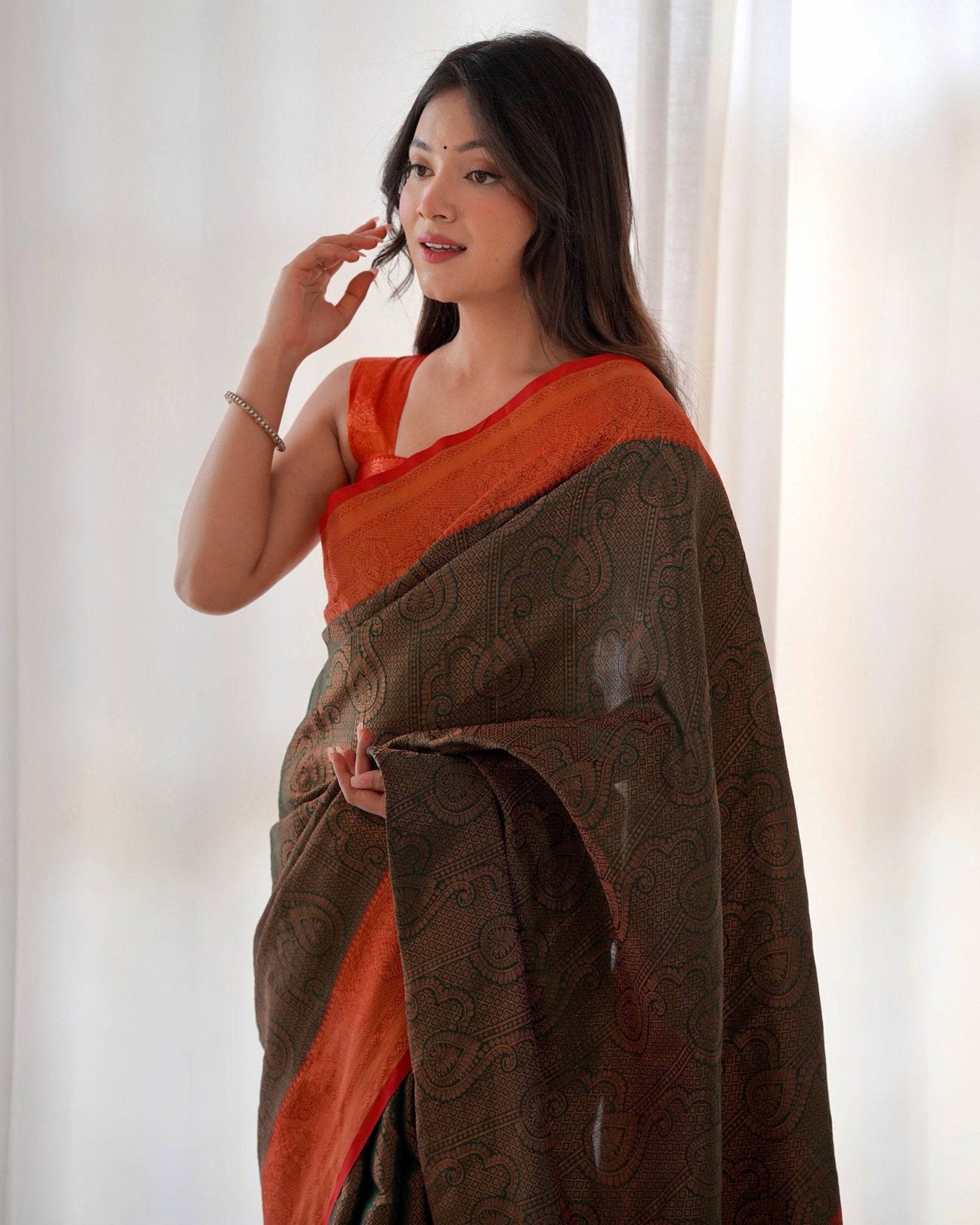 Pure Banarasi Silk Saree Weaved With Copper Zari