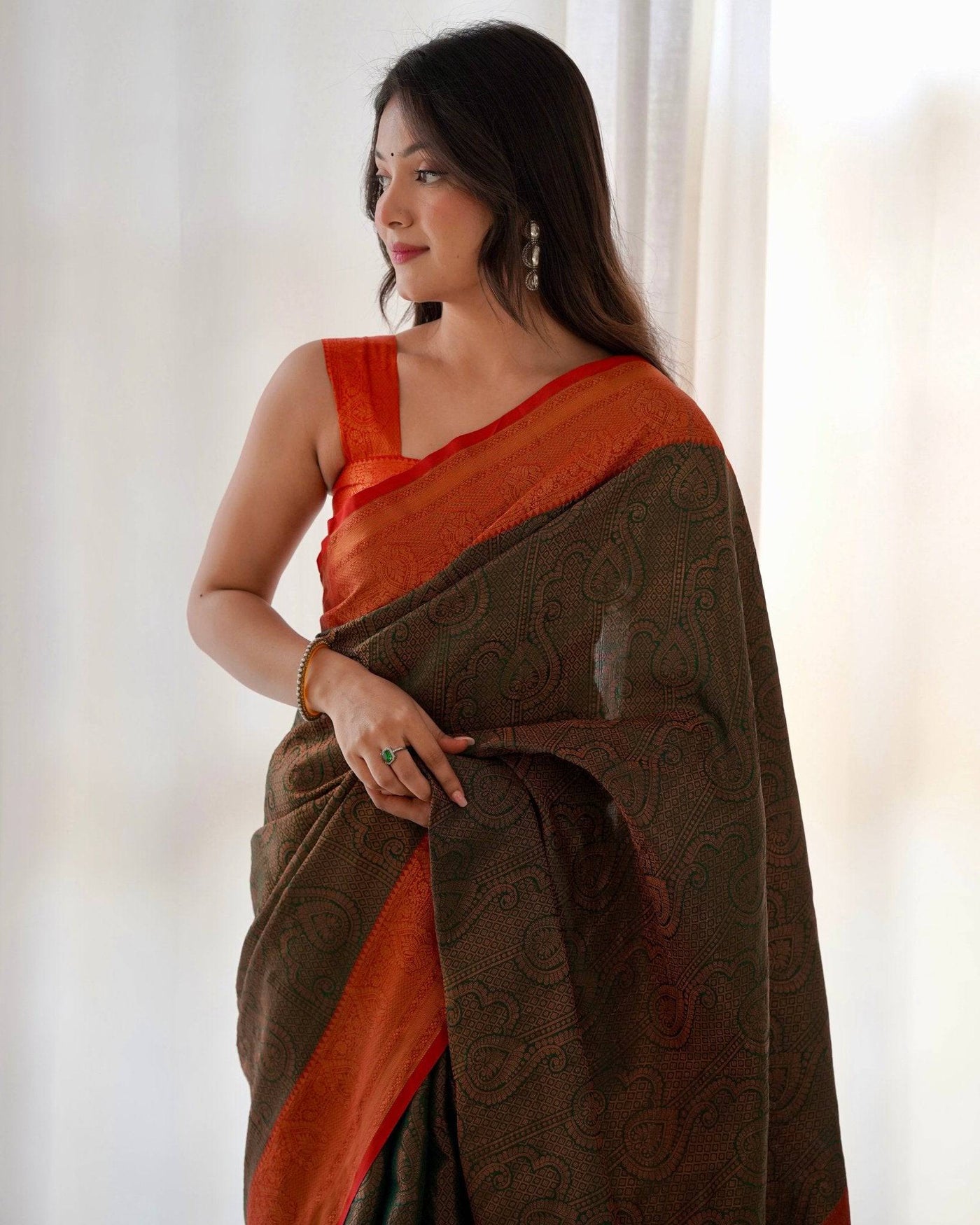 Pure Banarasi Silk Saree Weaved With Copper Zari