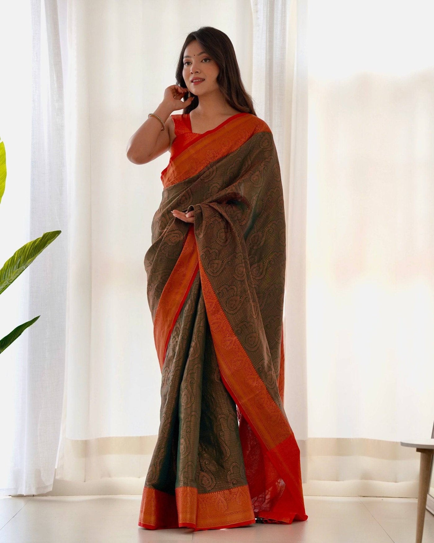 Pure Banarasi Silk Saree Weaved With Copper Zari