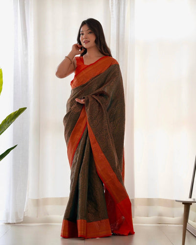 Pure Banarasi Silk Saree Weaved With Copper Zari