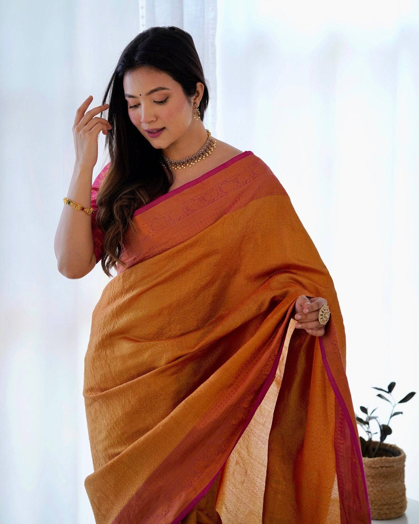 Pure Banarasi Silk Saree Weaved With Copper Zari