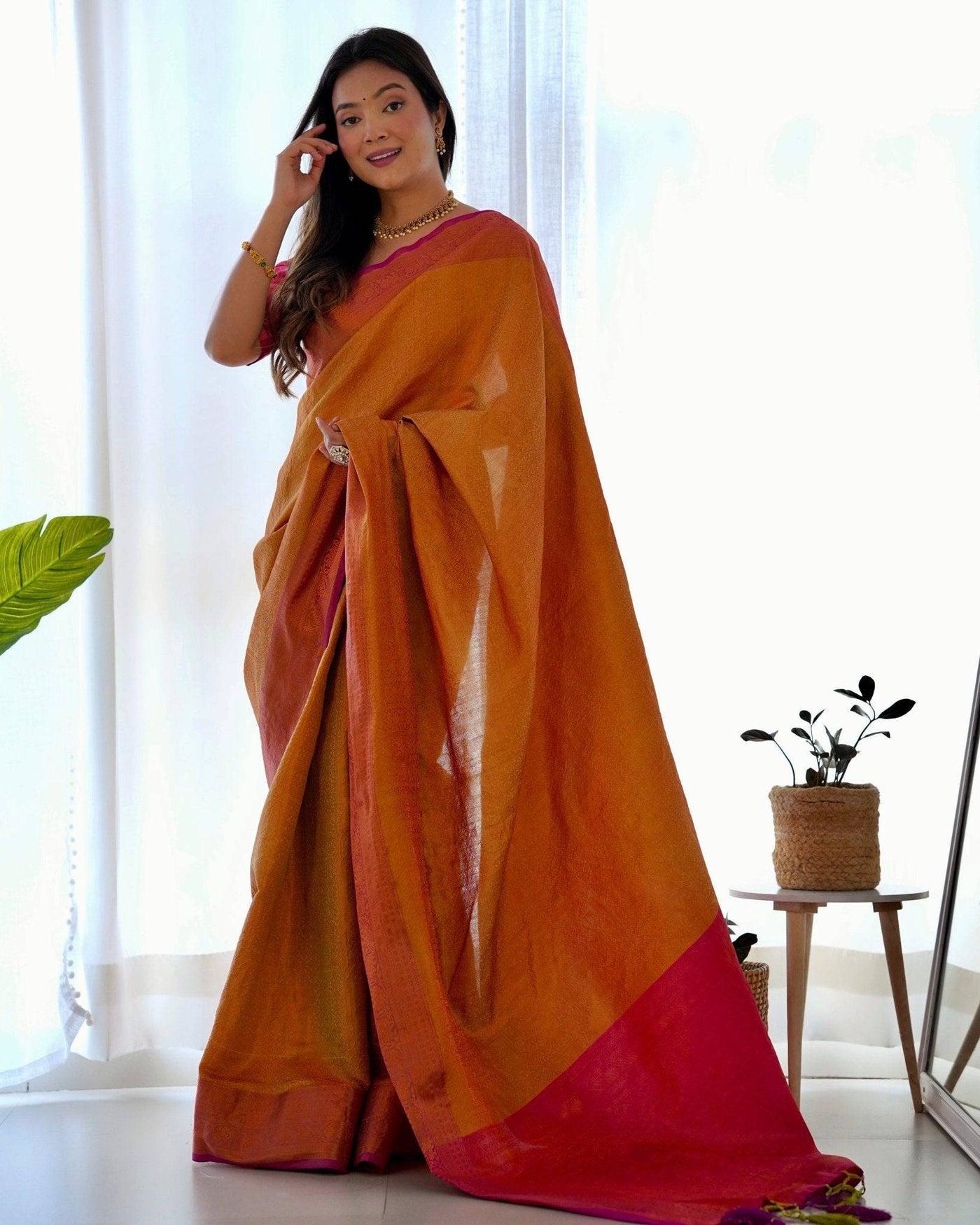 Pure Banarasi Silk Saree Weaved With Copper Zari