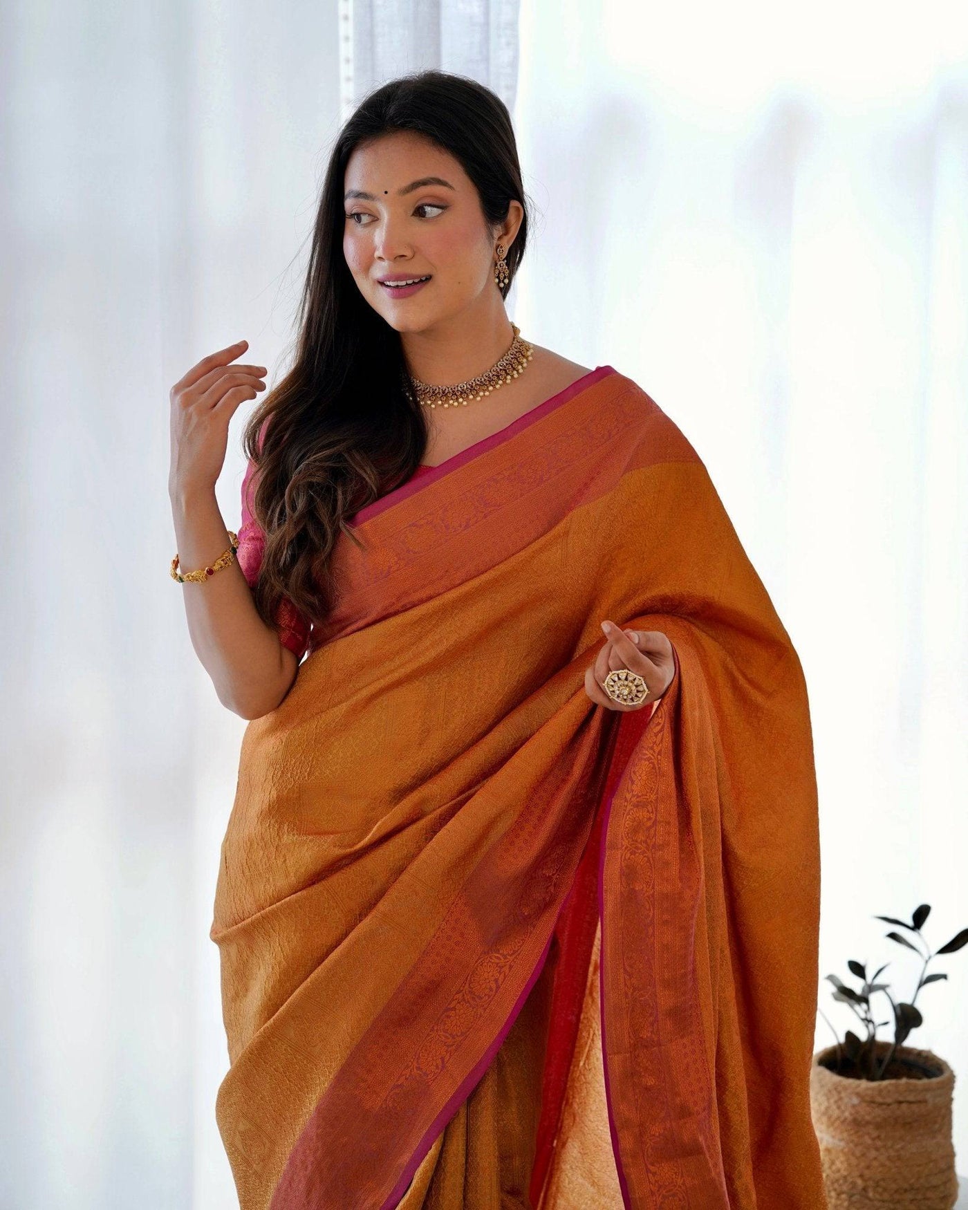 Pure Banarasi Silk Saree Weaved With Copper Zari