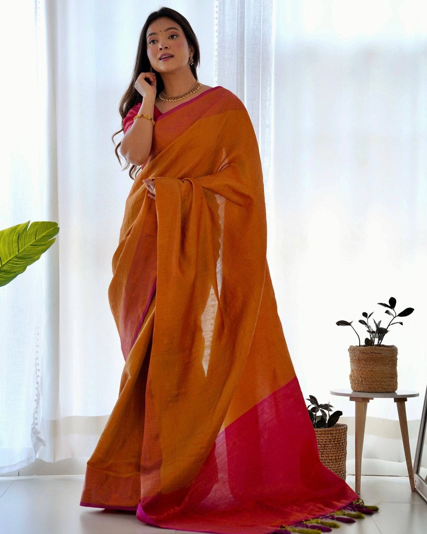 Pure Banarasi Silk Saree Weaved With Copper Zari