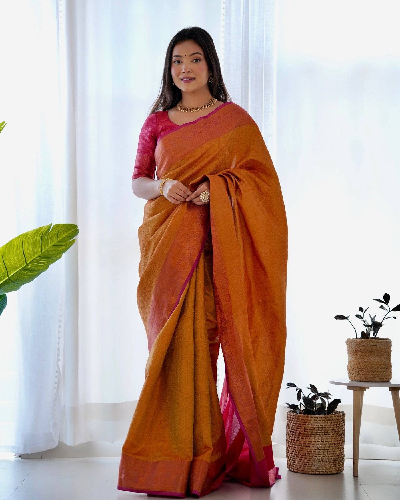 Pure Banarasi Silk Saree Weaved With Copper Zari