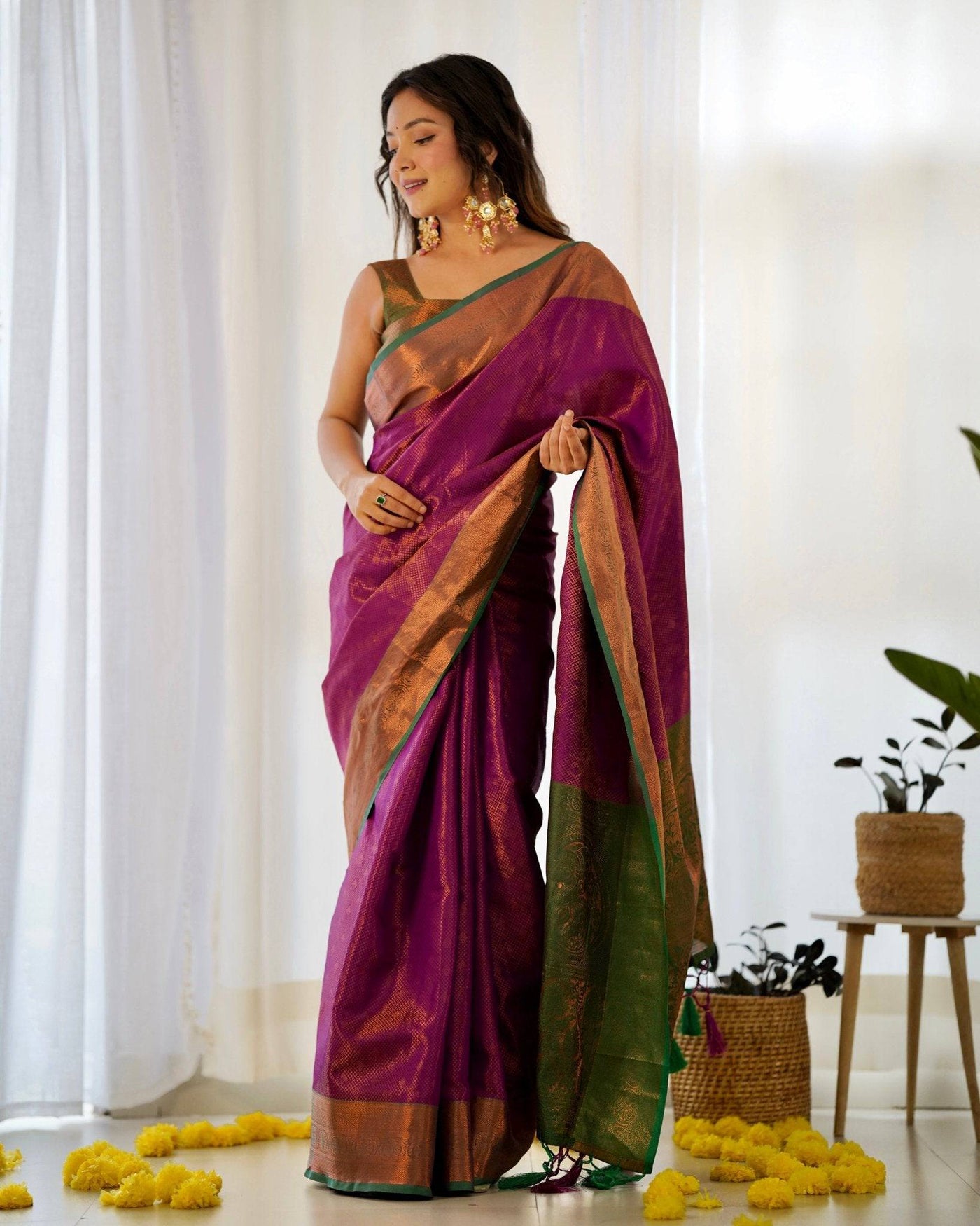 Pure Banarasi Silk Saree Weaved With Copper Zari